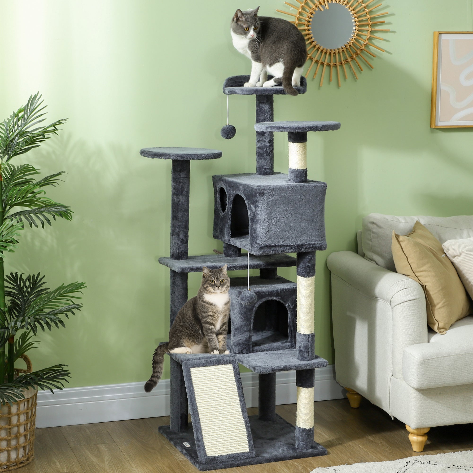 PawHut 54" Cat Tree, Cat Tower for Indoor Cats with Scratching Posts, Cat Condos, Bed, Platforms, Ramp, Toy Ball, Cat Activity Center, Dark Grey