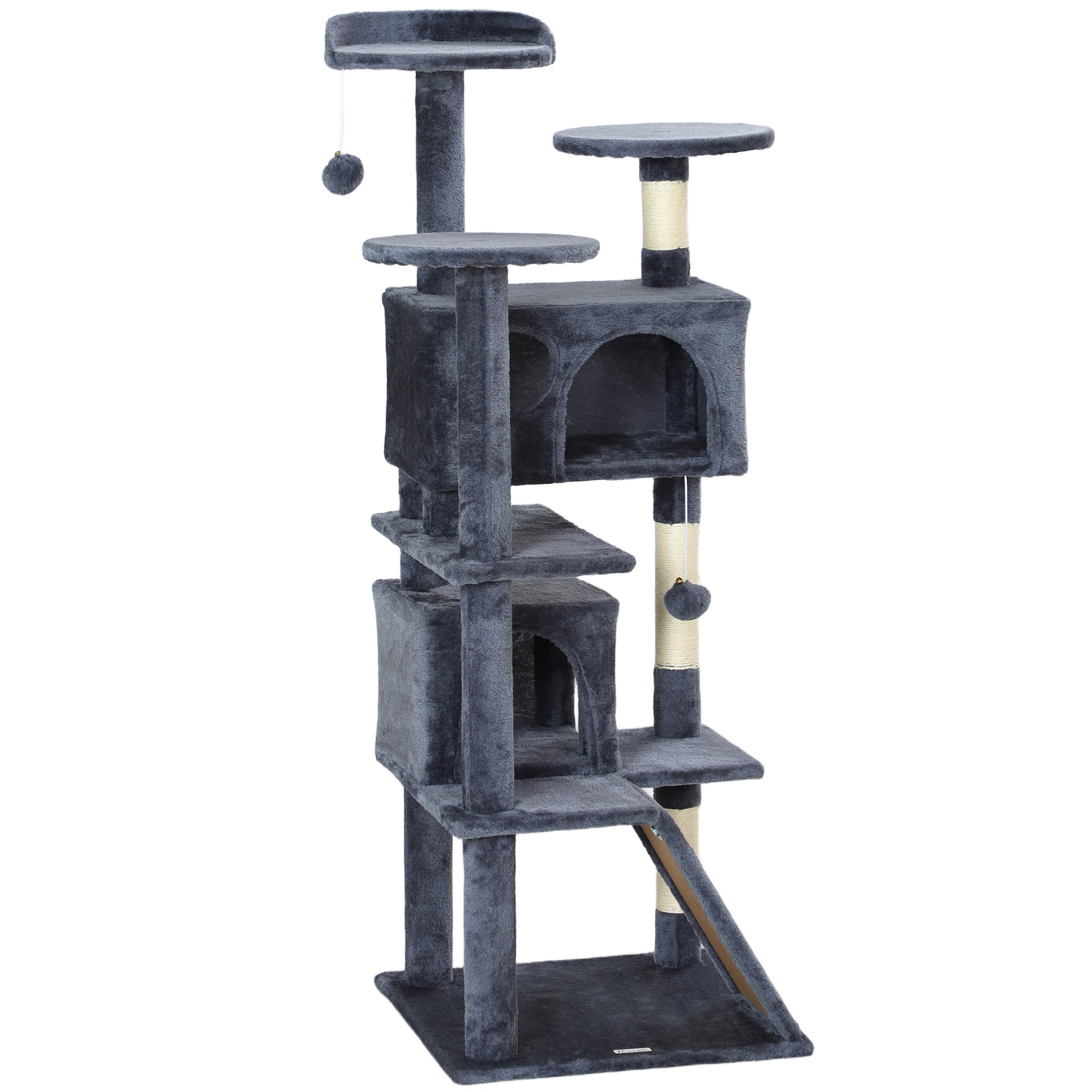 PawHut 54" Cat Tree, Cat Tower for Indoor Cats with Scratching Posts, Cat Condos, Bed, Platforms, Ramp, Toy Ball, Cat Activity Center, Dark Grey