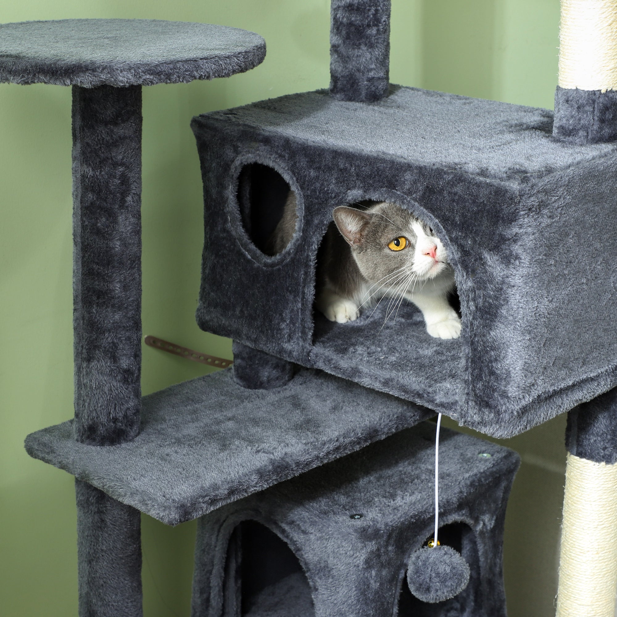 PawHut 54" Cat Tree, Cat Tower for Indoor Cats with Scratching Posts, Cat Condos, Bed, Platforms, Ramp, Toy Ball, Cat Activity Center, Dark Grey