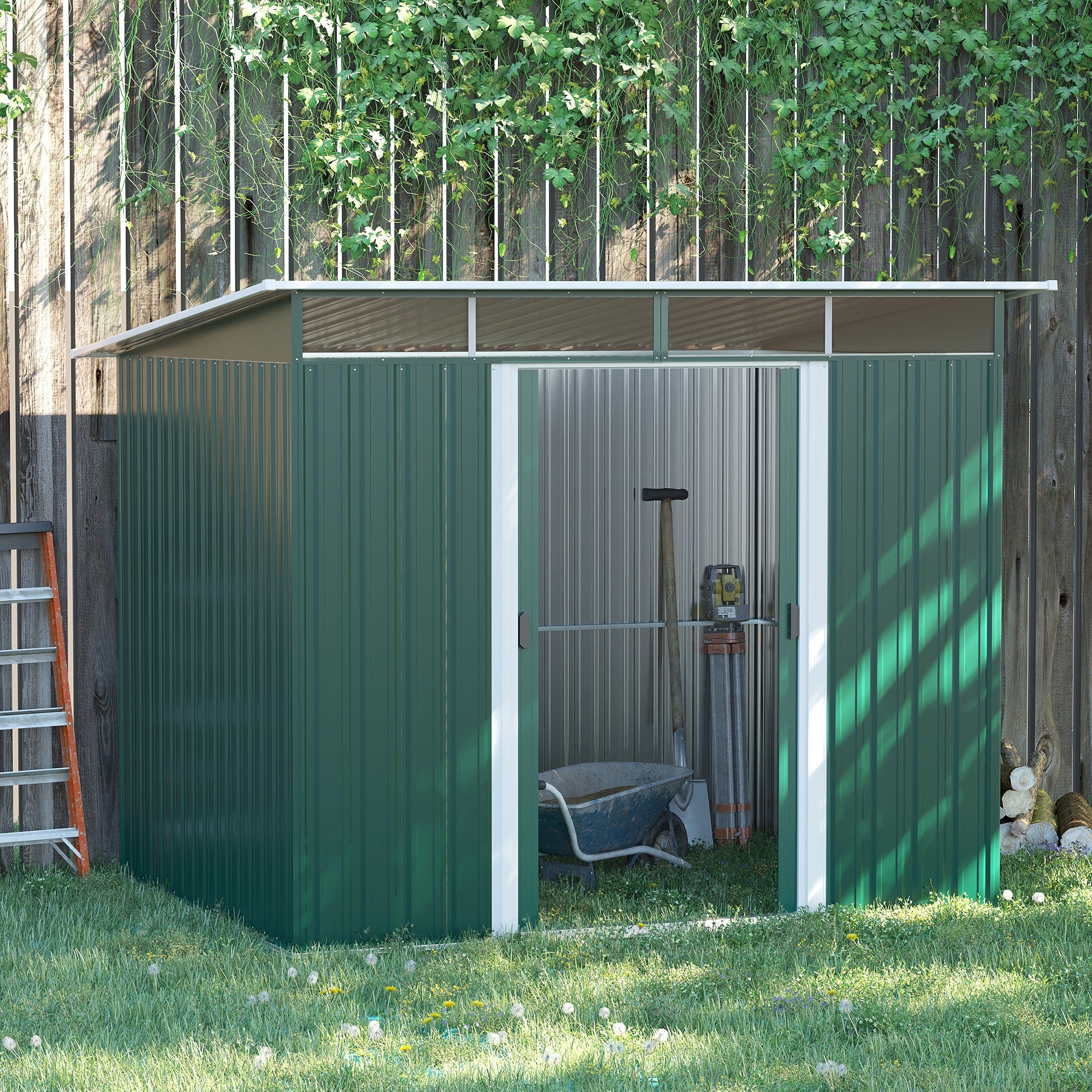 Outsunny 8.5' x 6' Garden Storage Shed with Skylight, Metal Outdoor Shed Tool House with Double Doors for Patio Yard, Dark Green