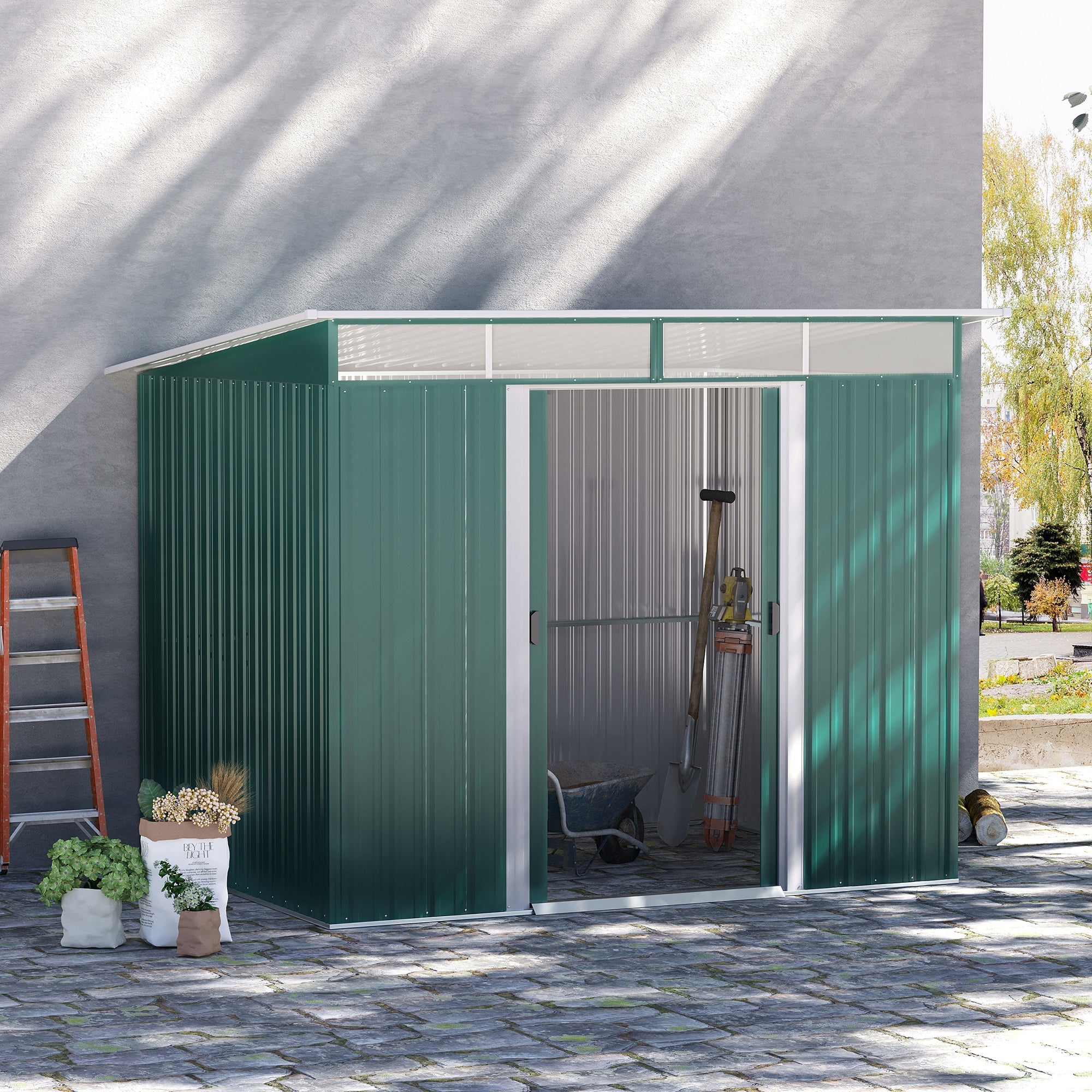 Outsunny 8.5' x 6' Garden Storage Shed with Skylight, Metal Outdoor Shed Tool House with Double Doors for Patio Yard, Dark Green