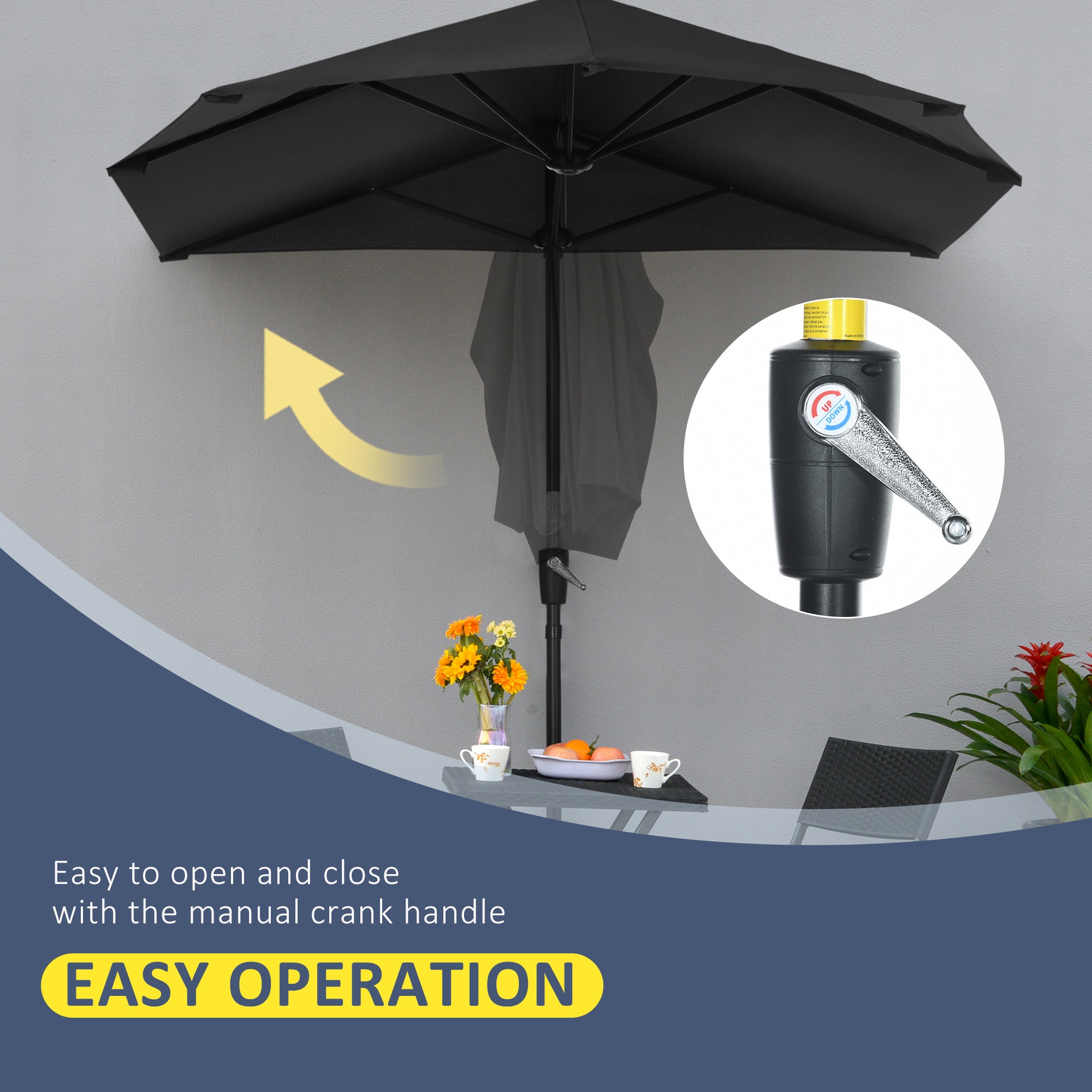 Outsunny 6.6 x 6ft Patio Umbrella with Double-Sided Canopy, Outdoor Market Half Parasol Sun Shade with Crank Handle and Cross Base for Garden, Balcony, Black