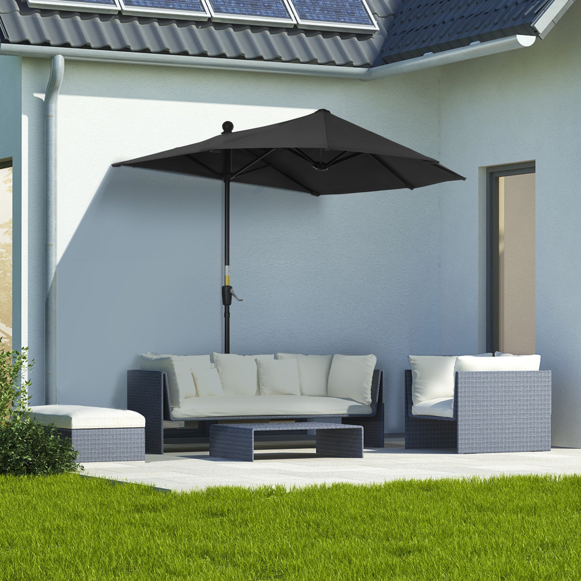 Outsunny 6.6 x 6ft Patio Umbrella with Double-Sided Canopy, Outdoor Market Half Parasol Sun Shade with Crank Handle and Cross Base for Garden, Balcony, Black