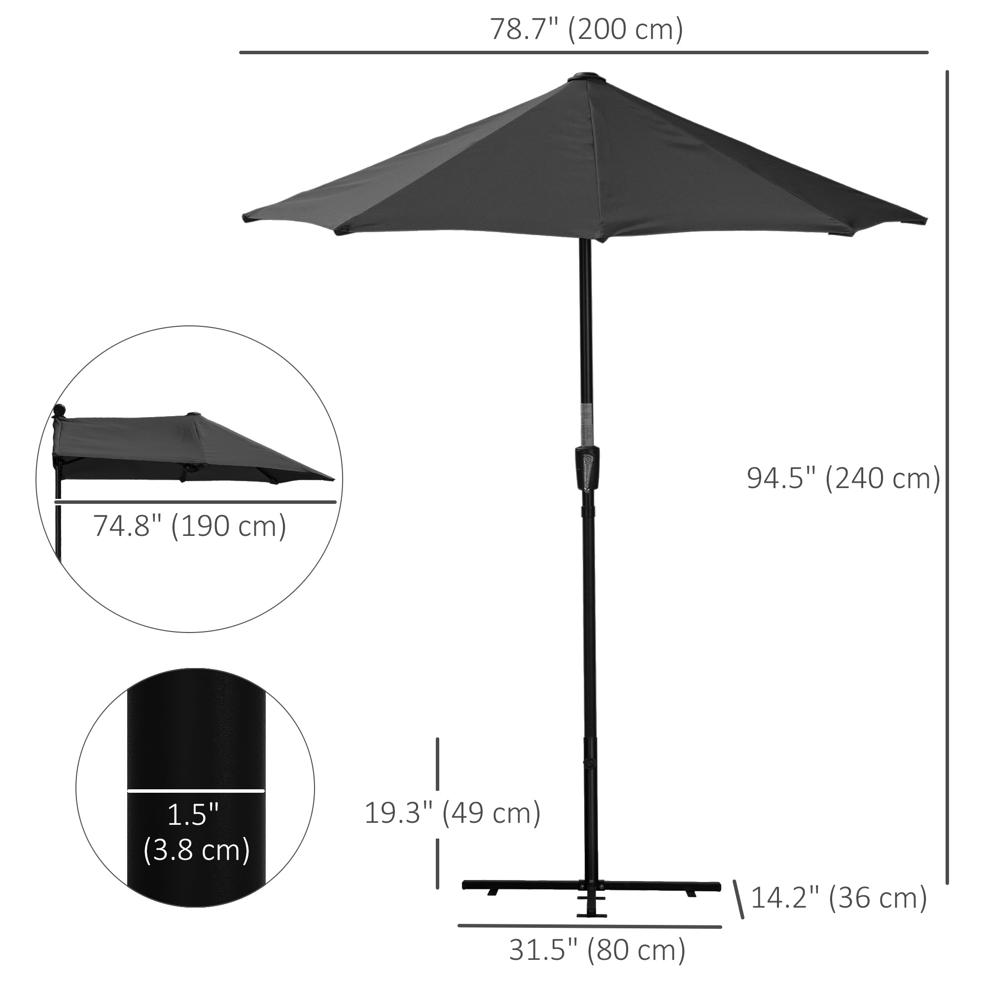 Outsunny 6.6 x 6ft Patio Umbrella with Double-Sided Canopy, Outdoor Market Half Parasol Sun Shade with Crank Handle and Cross Base for Garden, Balcony, Black