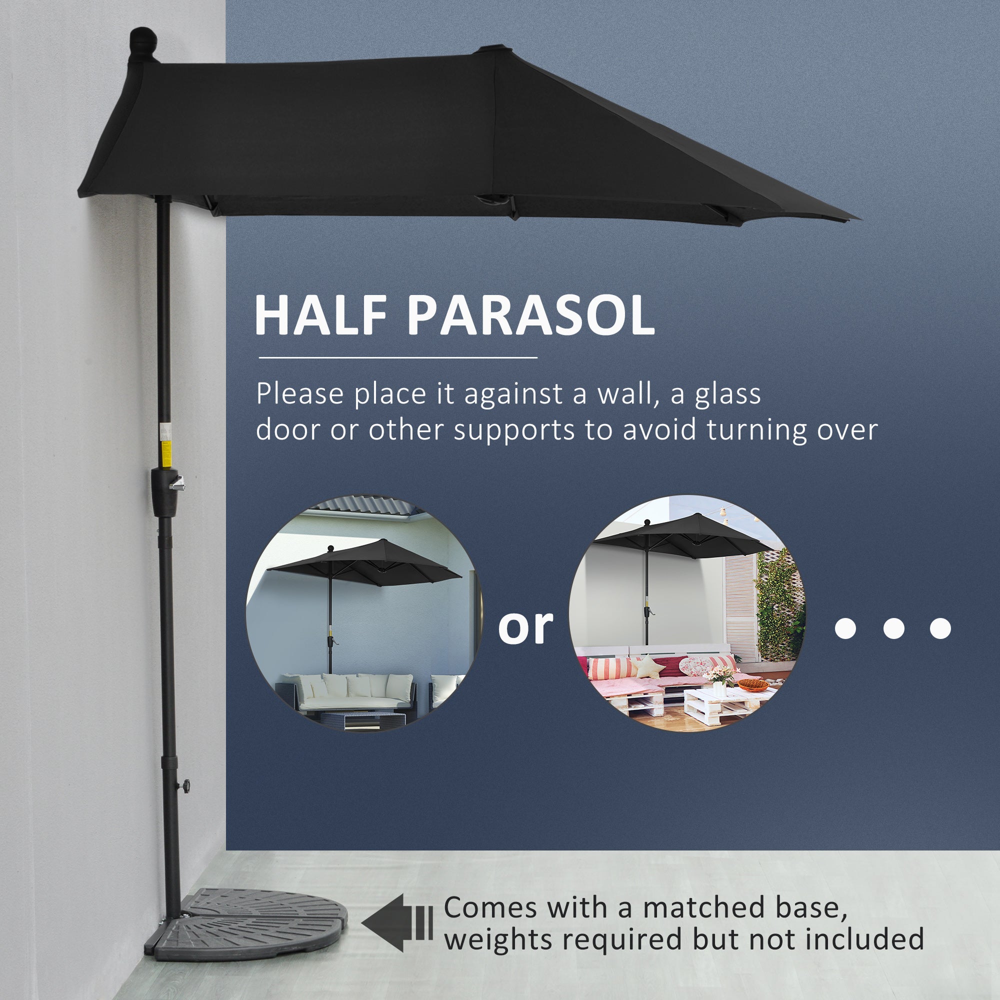 Outsunny 6.6 x 6ft Patio Umbrella with Double-Sided Canopy, Outdoor Market Half Parasol Sun Shade with Crank Handle and Cross Base for Garden, Balcony, Black