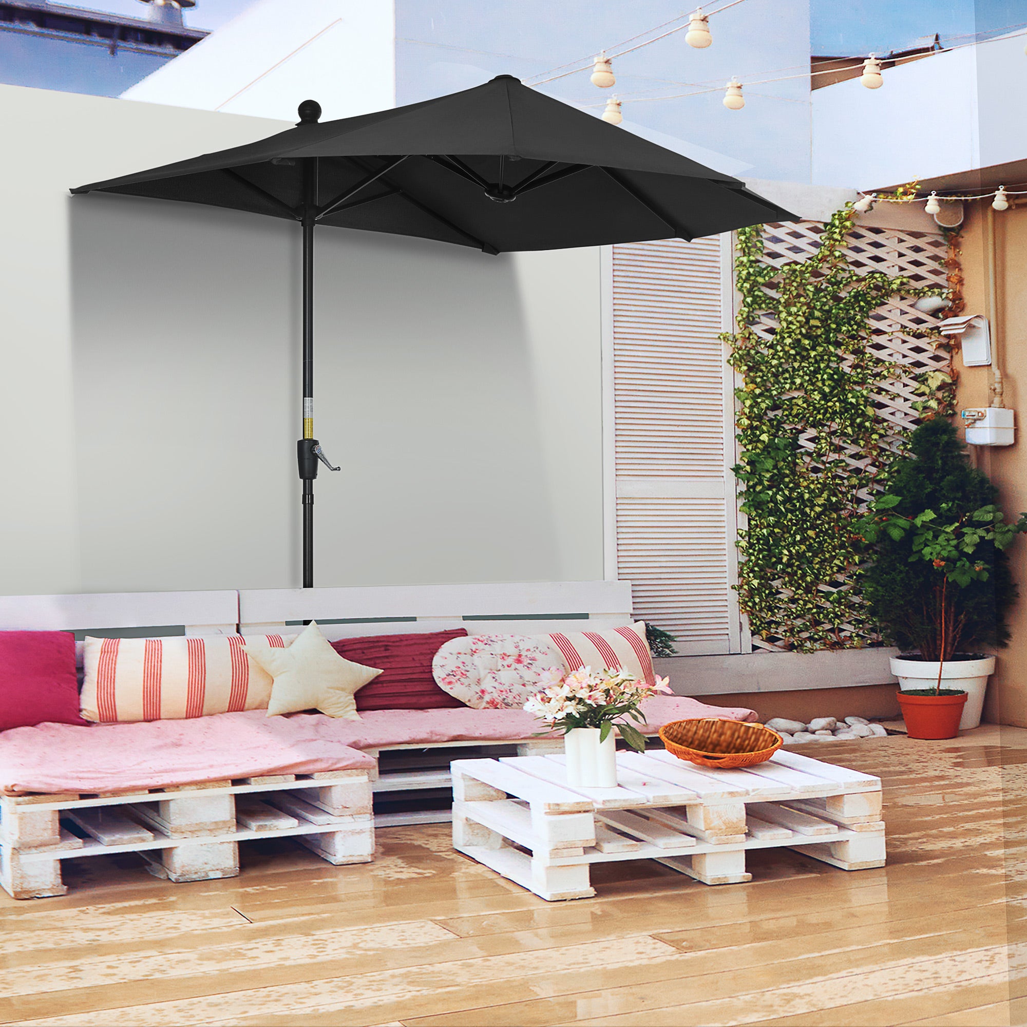 Outsunny 6.6 x 6ft Patio Umbrella with Double-Sided Canopy, Outdoor Market Half Parasol Sun Shade with Crank Handle and Cross Base for Garden, Balcony, Black