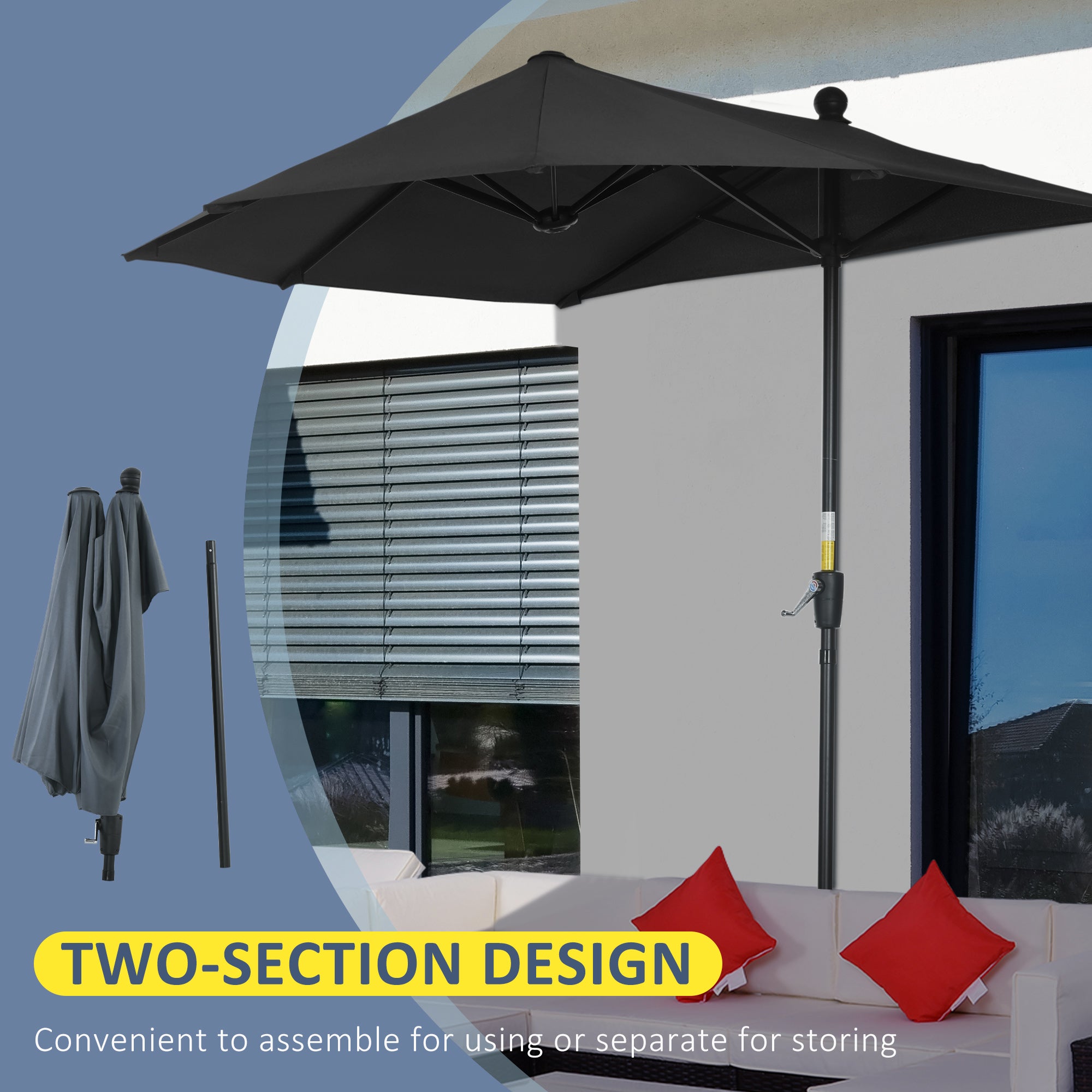 Outsunny 6.6 x 6ft Patio Umbrella with Double-Sided Canopy, Outdoor Market Half Parasol Sun Shade with Crank Handle and Cross Base for Garden, Balcony, Black