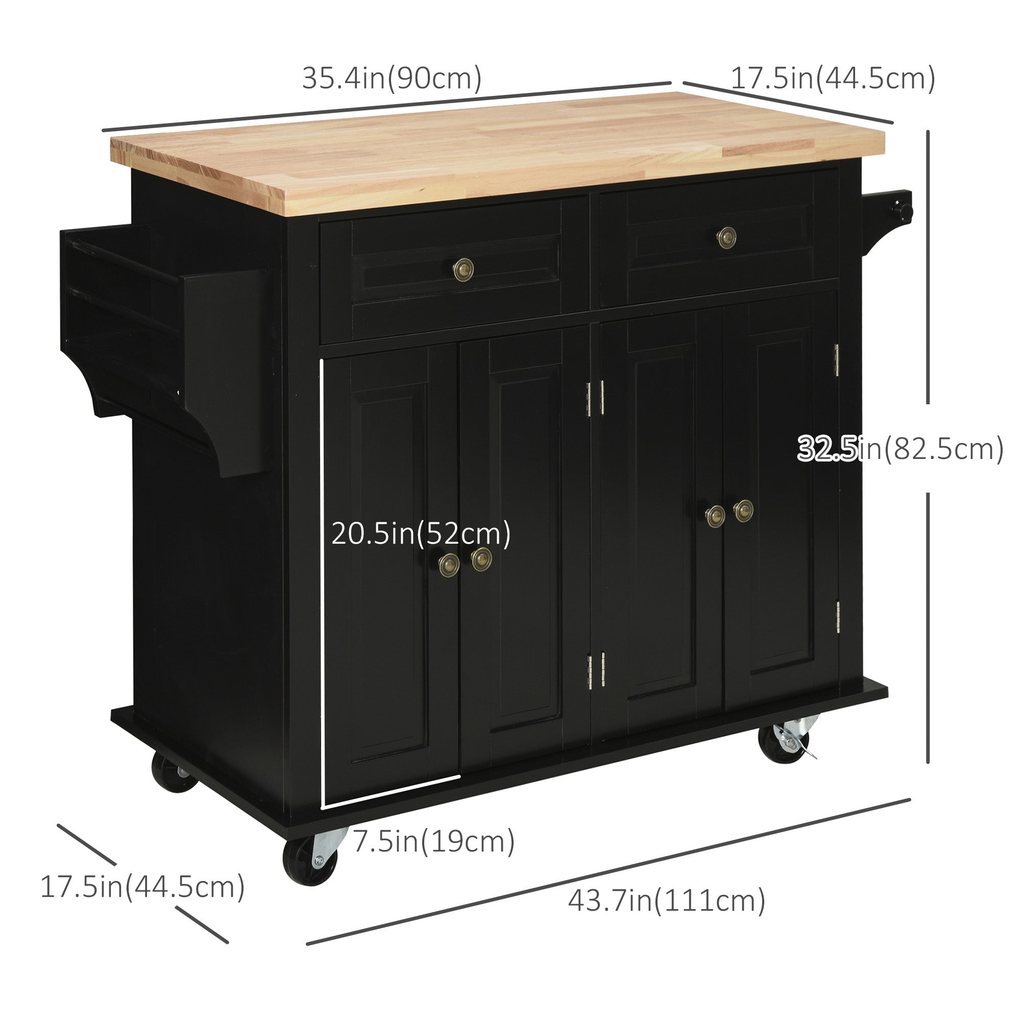 HOMCOM Kitchen Island on Wheels with Storage, Rolling Cart with Rubber wood Top, Spice Rack, Towel Rack and Drawers, Black
