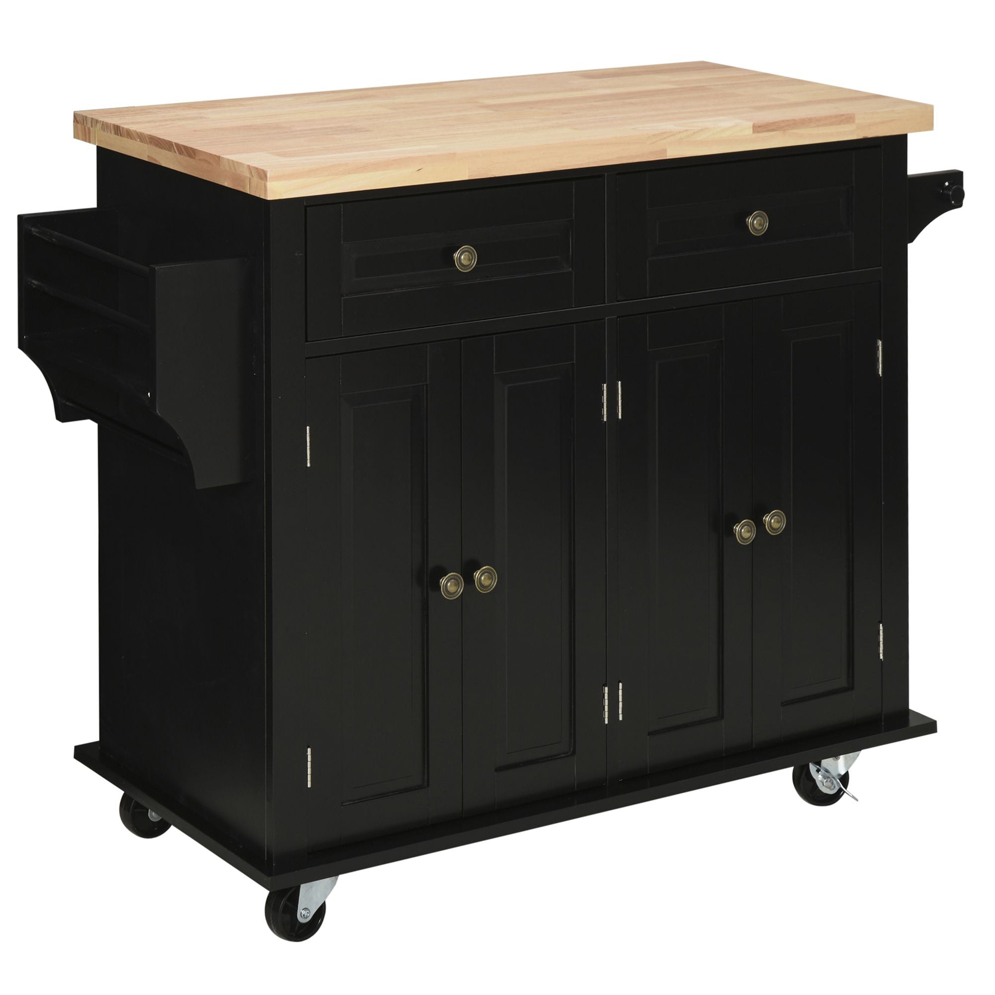 HOMCOM Kitchen Island on Wheels with Storage, Rolling Cart with Rubber wood Top, Spice Rack, Towel Rack and Drawers, Black