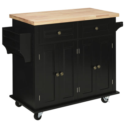 HOMCOM Kitchen Island on Wheels with Storage, Rolling Cart with Rubber wood Top, Spice Rack, Towel Rack and Drawers, Black