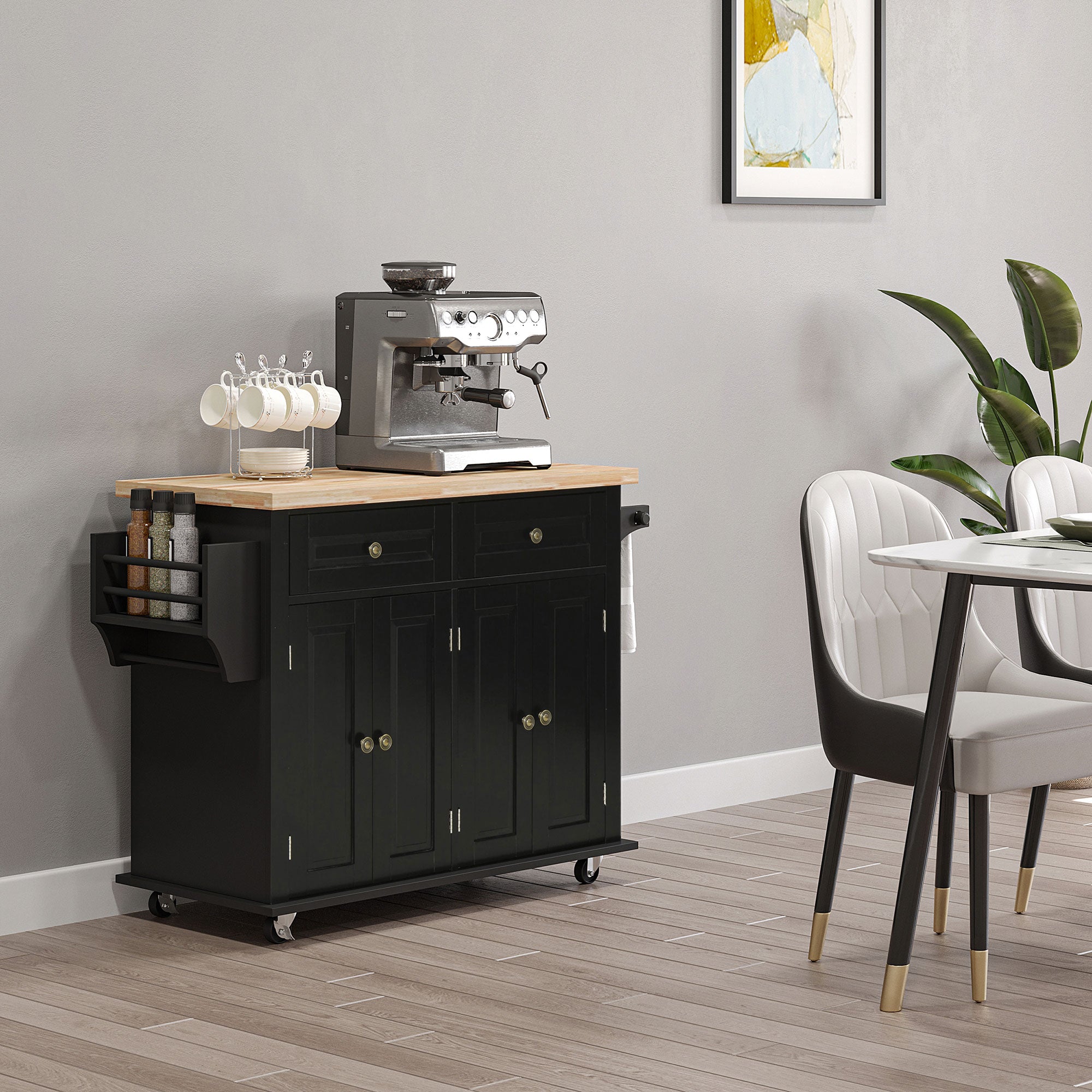 HOMCOM Kitchen Island on Wheels with Storage, Rolling Cart with Rubber wood Top, Spice Rack, Towel Rack and Drawers, Black