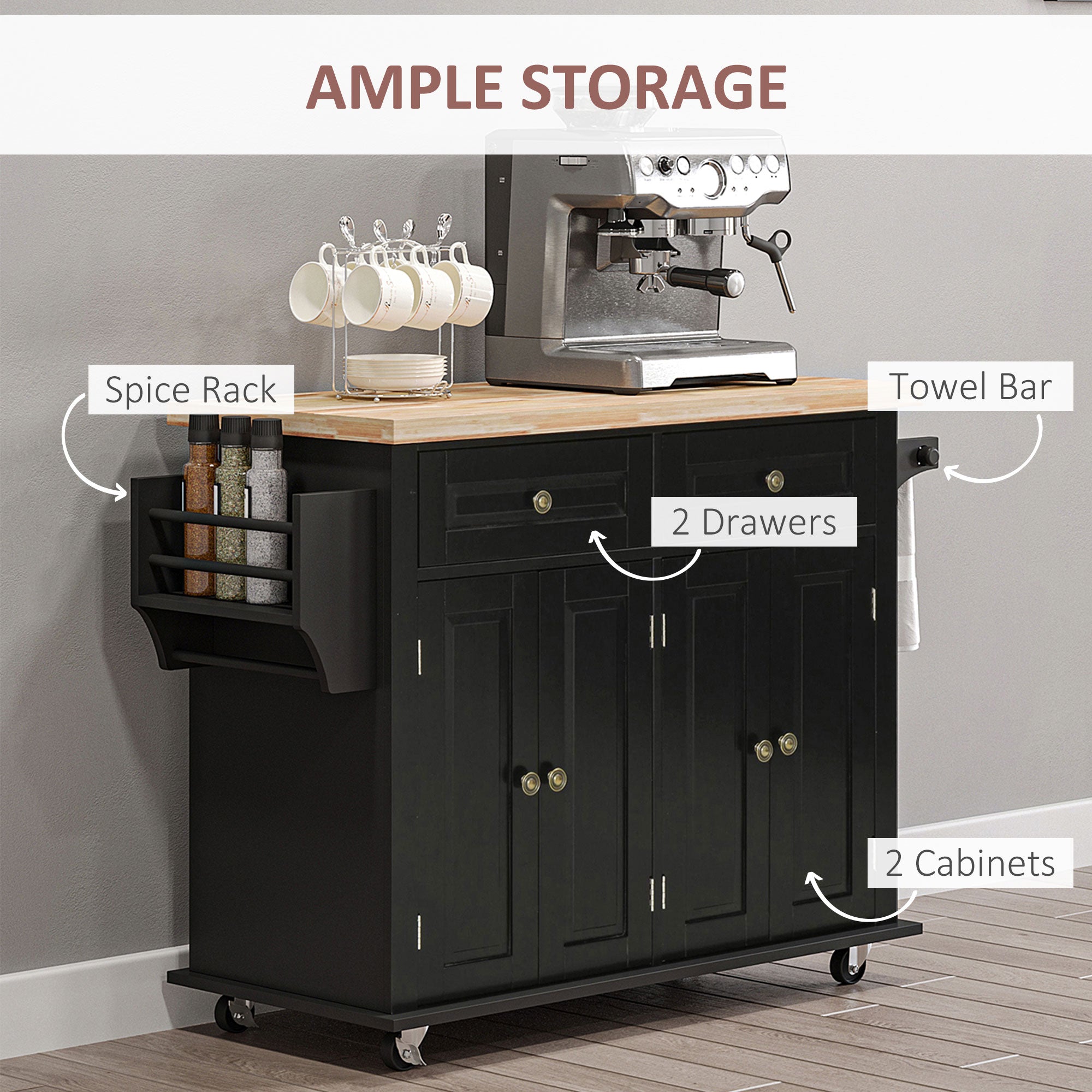 HOMCOM Kitchen Island on Wheels with Storage, Rolling Cart with Rubber wood Top, Spice Rack, Towel Rack and Drawers, Black