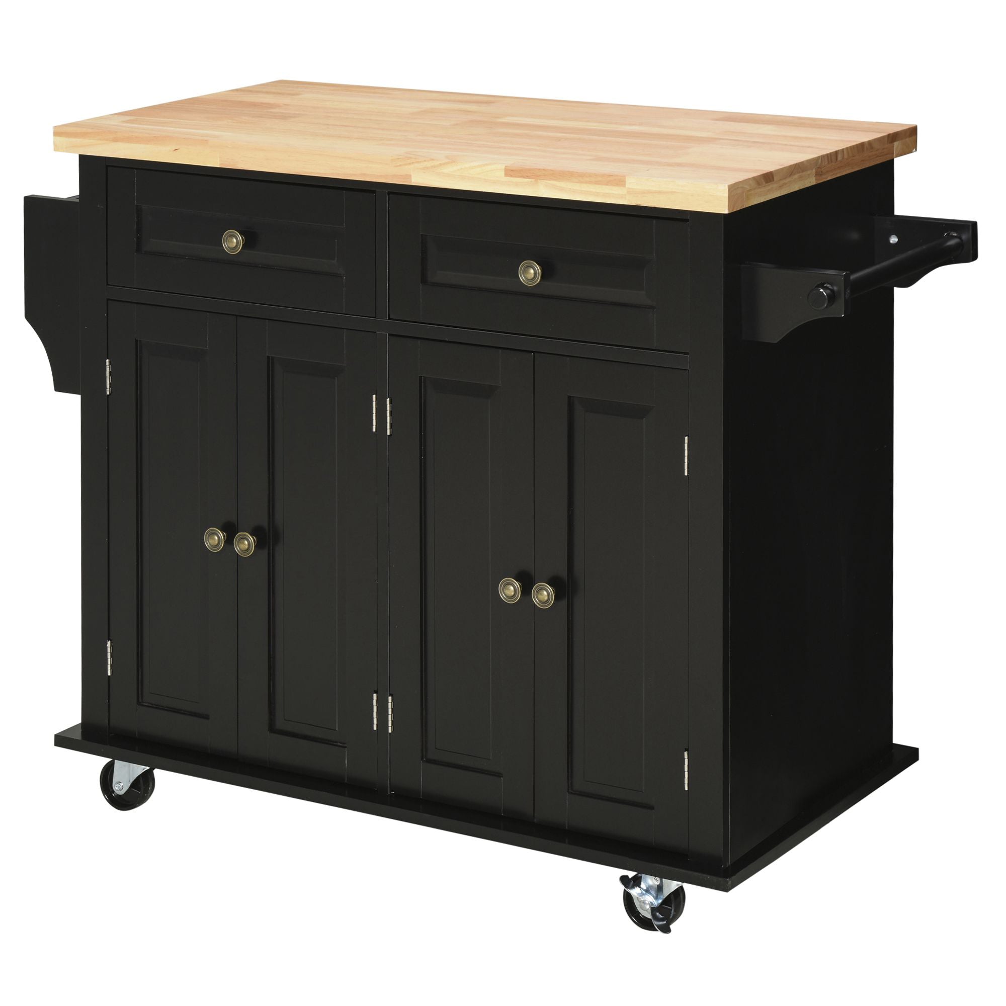 HOMCOM Kitchen Island on Wheels with Storage, Rolling Cart with Rubber wood Top, Spice Rack, Towel Rack and Drawers, Black