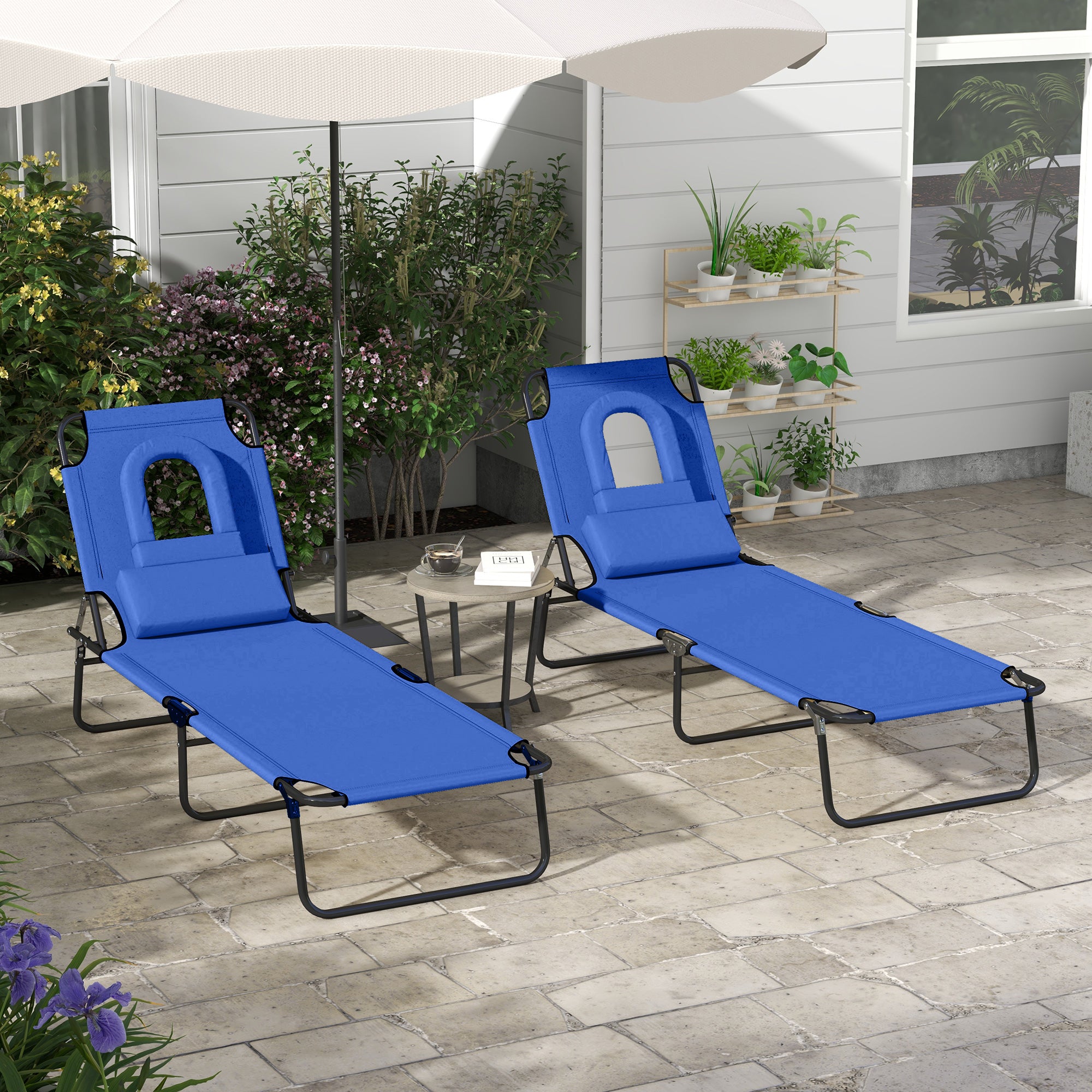 Outsunny 2PCS Adjustable Outdoor Lounge Chair, Garden Folding Chaise Lounge w/ Reading Hole Reclining Tanning Chair Seat, Folding Camping Beach Lounging Bed with Head Support Blue