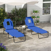 Outsunny 2PCS Adjustable Outdoor Lounge Chair, Garden Folding Chaise Lounge w/ Reading Hole Reclining Tanning Chair Seat, Folding Camping Beach Lounging Bed with Head Support Blue