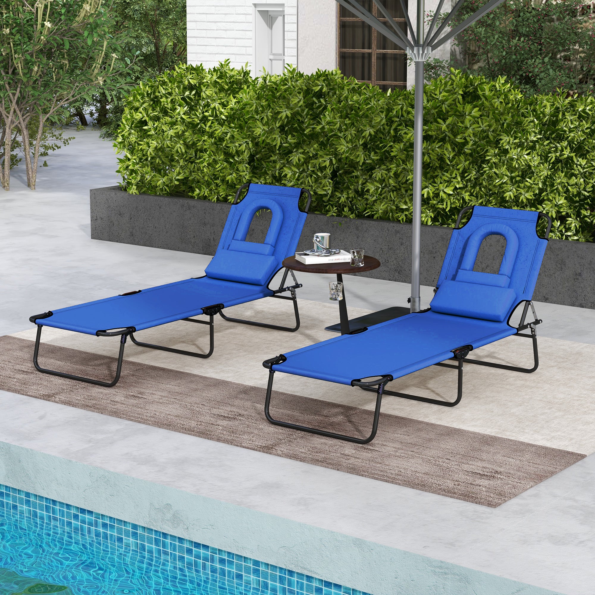 Outsunny 2PCS Adjustable Outdoor Lounge Chair, Garden Folding Chaise Lounge w/ Reading Hole Reclining Tanning Chair Seat, Folding Camping Beach Lounging Bed with Head Support Blue