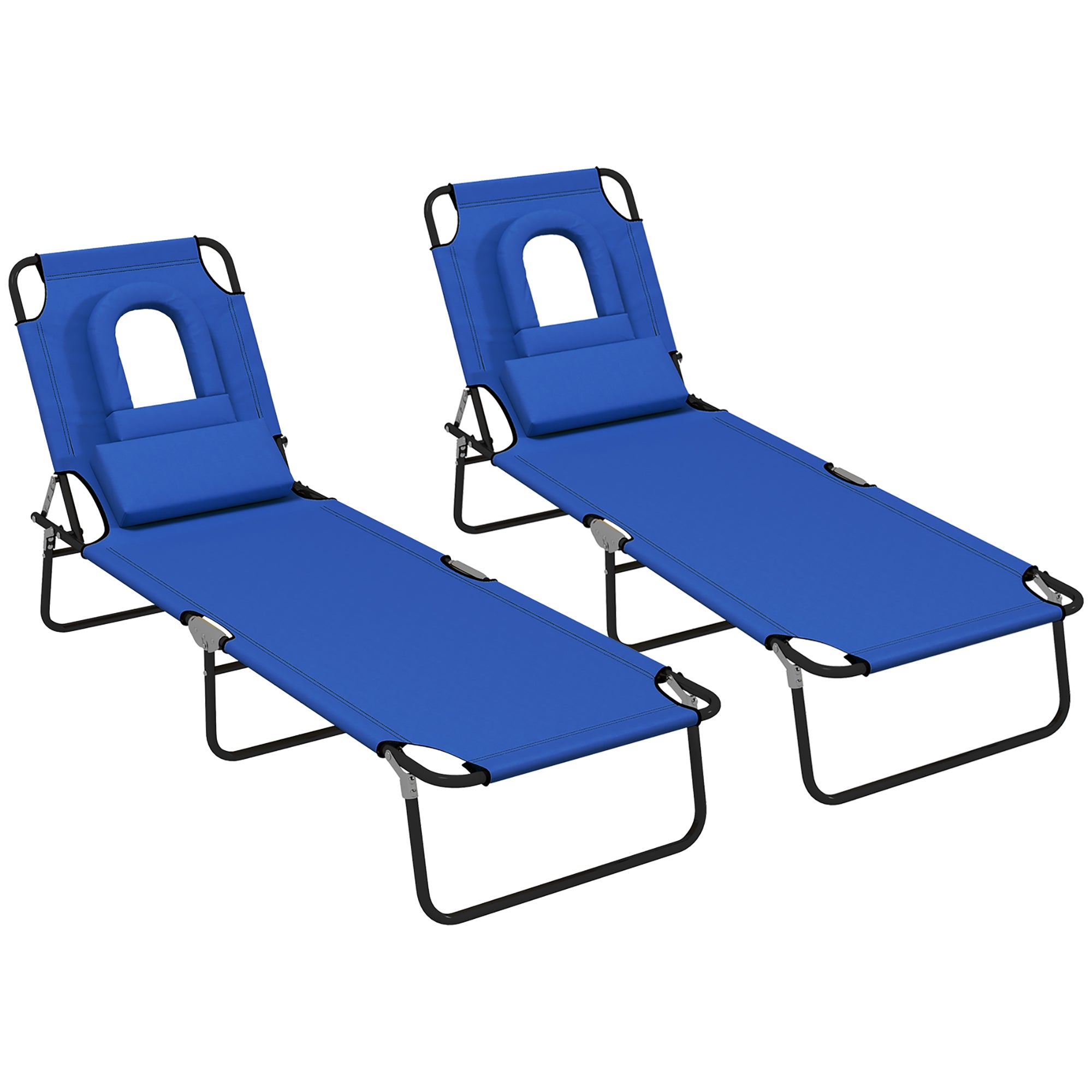 Outsunny 2PCS Adjustable Outdoor Lounge Chair, Garden Folding Chaise Lounge w/ Reading Hole Reclining Tanning Chair Seat, Folding Camping Beach Lounging Bed with Head Support Blue
