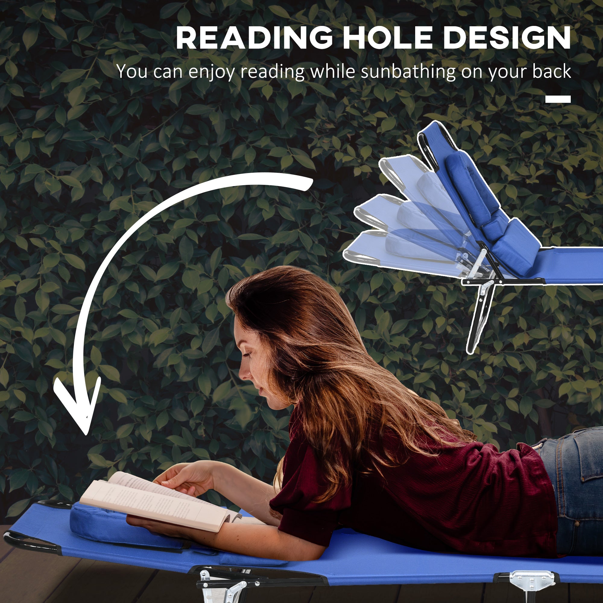 Outsunny 2PCS Adjustable Outdoor Lounge Chair, Garden Folding Chaise Lounge w/ Reading Hole Reclining Tanning Chair Seat, Folding Camping Beach Lounging Bed with Head Support Blue