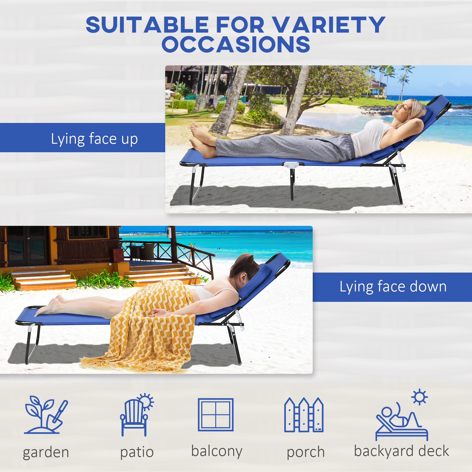 Outsunny 2PCS Adjustable Outdoor Lounge Chair, Garden Folding Chaise Lounge w/ Reading Hole Reclining Tanning Chair Seat, Folding Camping Beach Lounging Bed with Head Support Blue