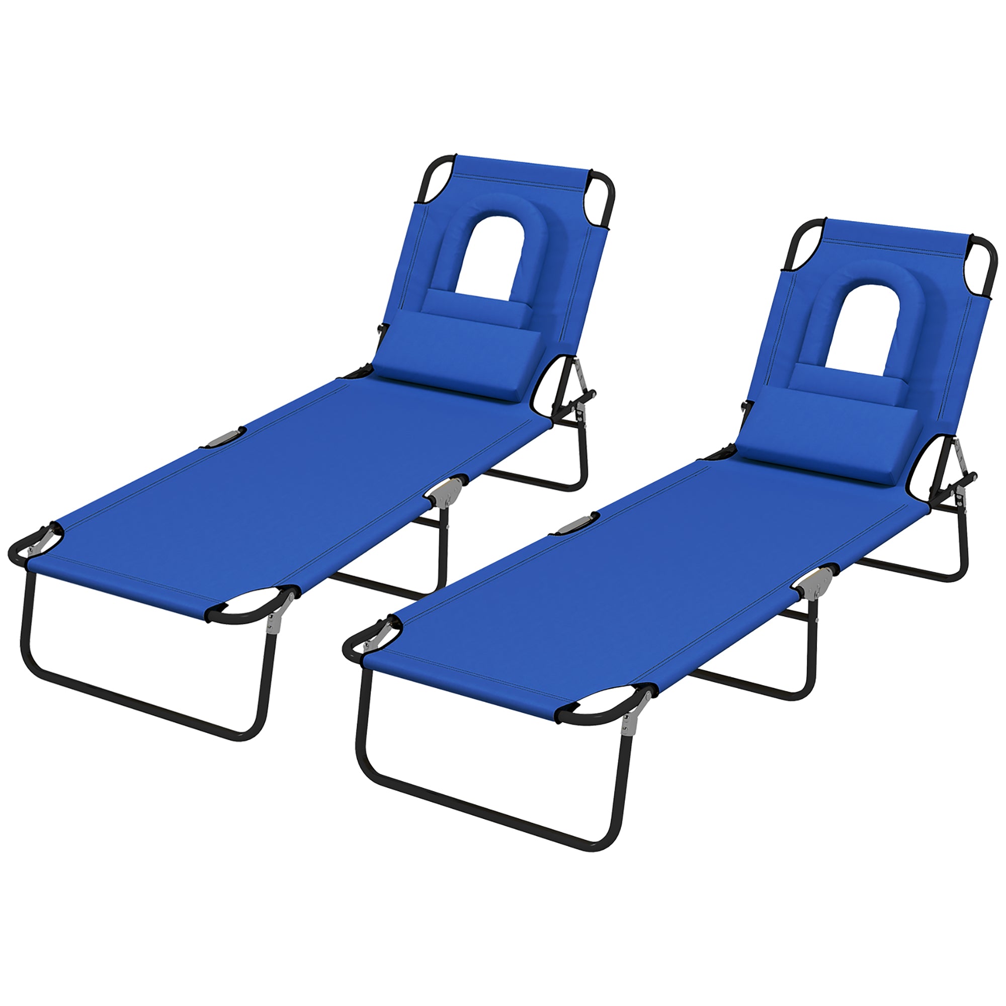 Outsunny 2PCS Adjustable Outdoor Lounge Chair, Garden Folding Chaise Lounge w/ Reading Hole Reclining Tanning Chair Seat, Folding Camping Beach Lounging Bed with Head Support Blue