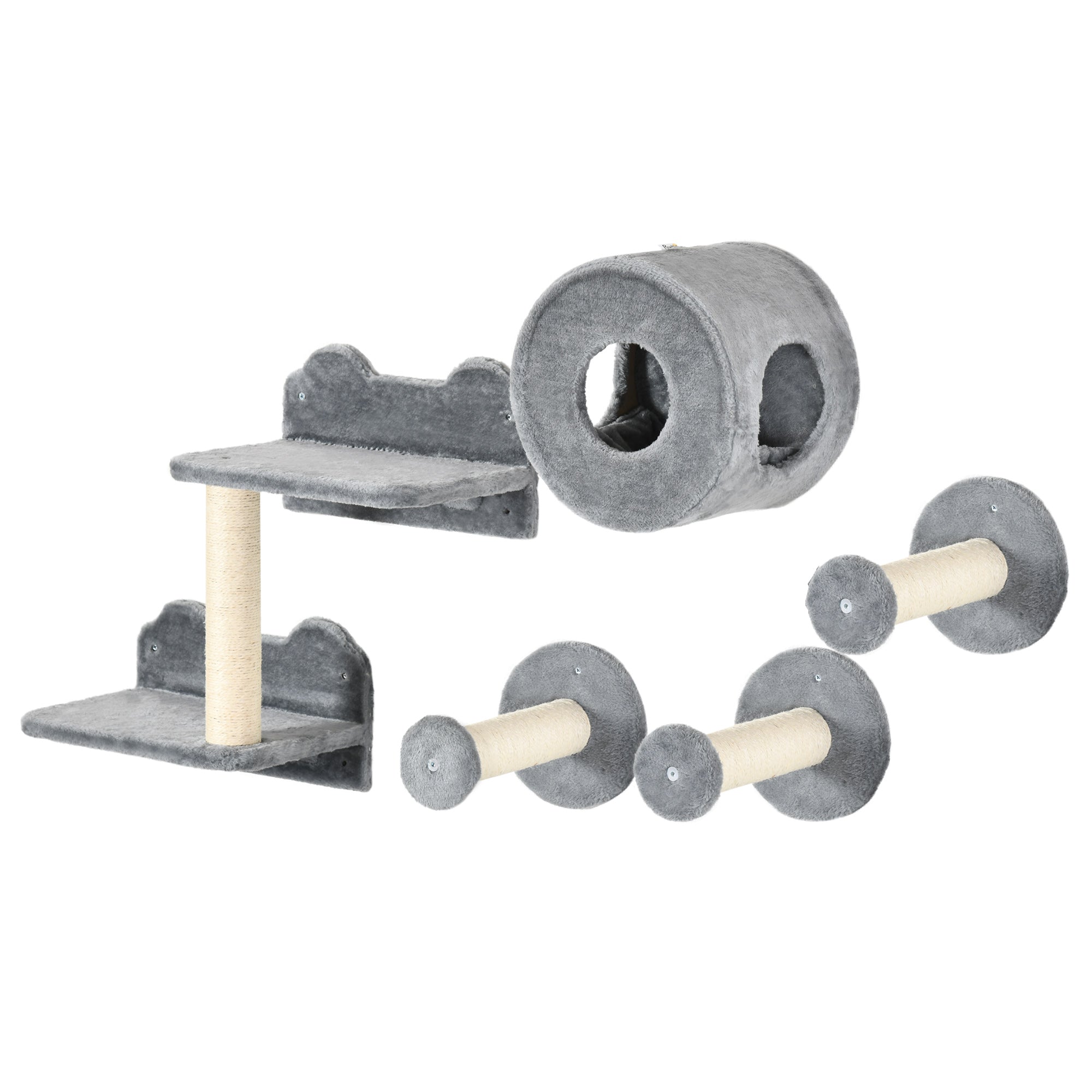 PawHut Cat Wall Shelves, 5PCs Cat Shelves with Scratching Post, Perches, Ladder, Steps, Condo, Wall Mounted Cat Climber, Grey