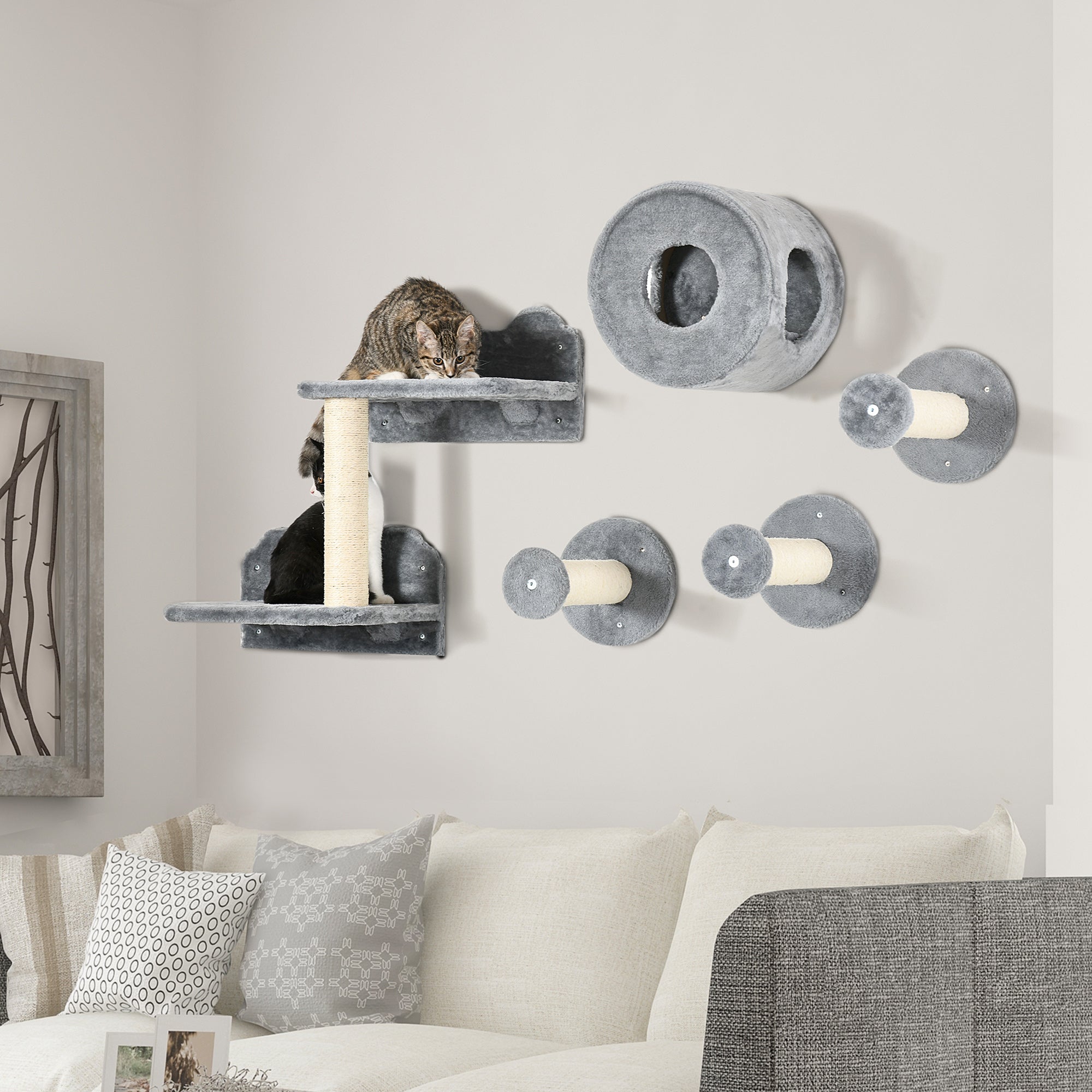 PawHut Cat Wall Shelves, 5PCs Cat Shelves with Scratching Post, Perches, Ladder, Steps, Condo, Wall Mounted Cat Climber, Grey