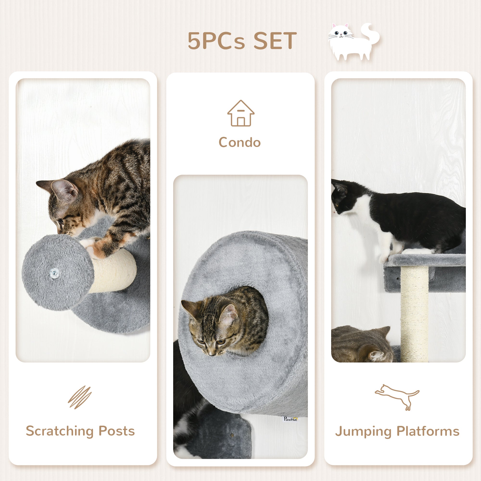 PawHut Cat Wall Shelves, 5PCs Cat Shelves with Scratching Post, Perches, Ladder, Steps, Condo, Wall Mounted Cat Climber, Grey