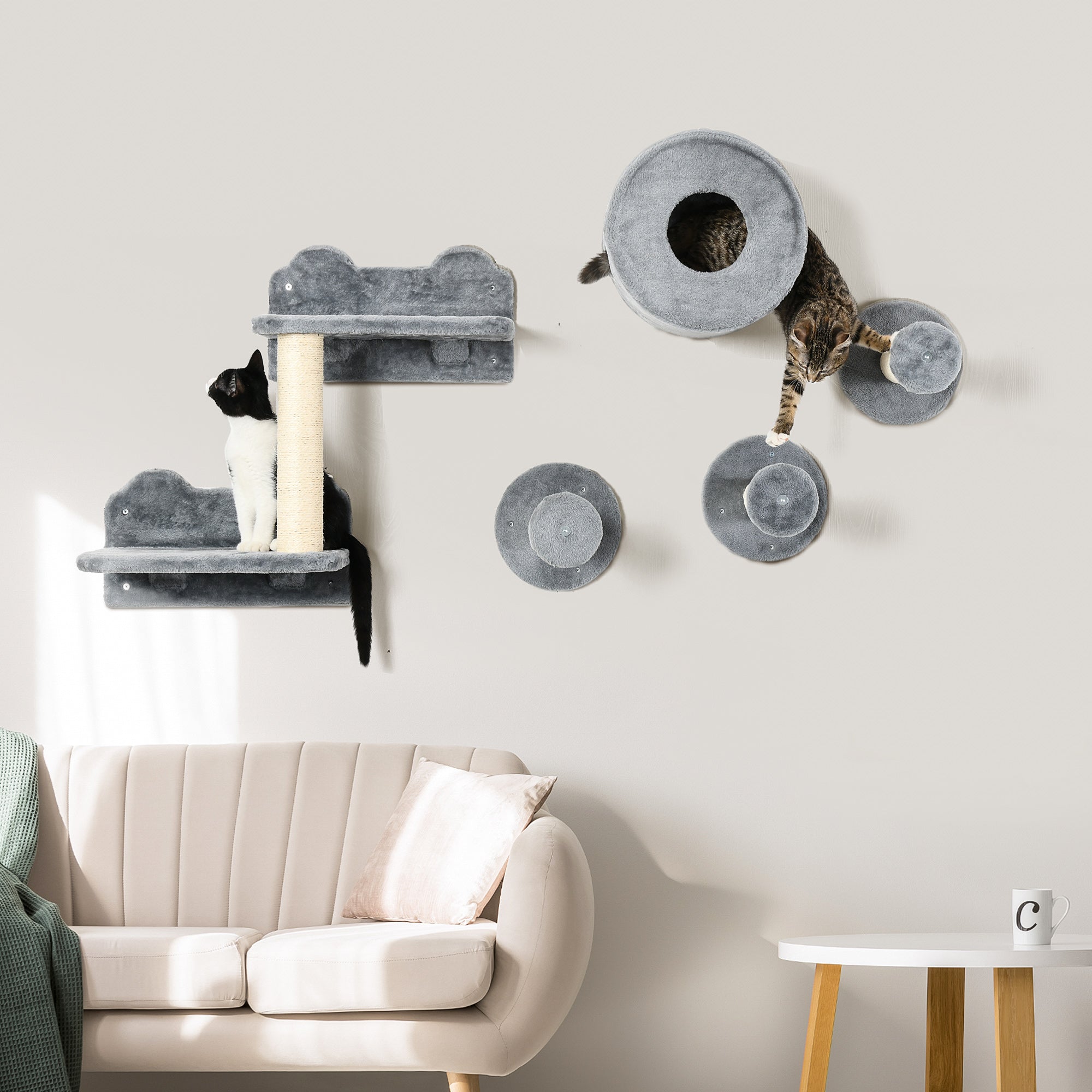 PawHut Cat Wall Shelves, 5PCs Cat Shelves with Scratching Post, Perches, Ladder, Steps, Condo, Wall Mounted Cat Climber, Grey