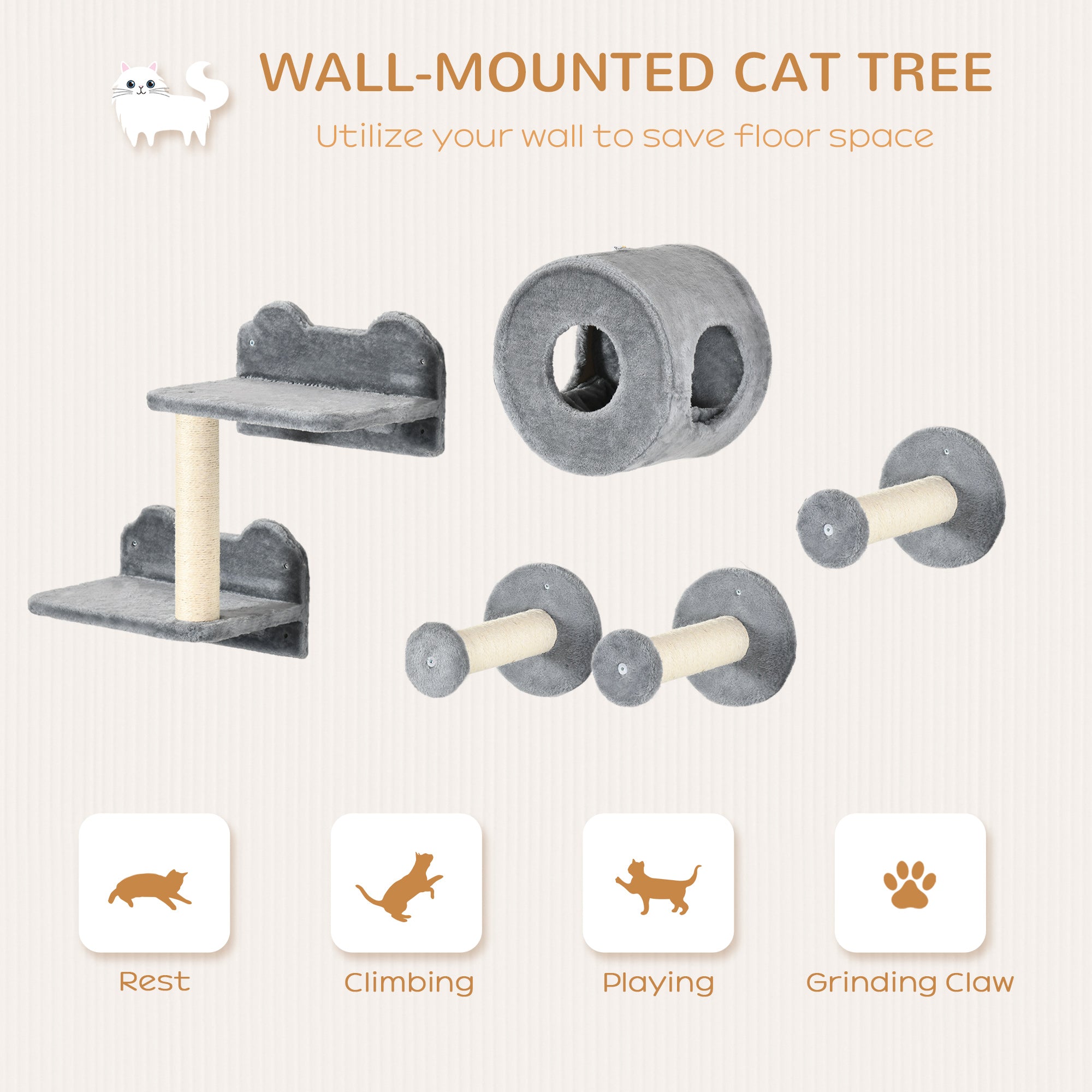 PawHut Cat Wall Shelves, 5PCs Cat Shelves with Scratching Post, Perches, Ladder, Steps, Condo, Wall Mounted Cat Climber, Grey