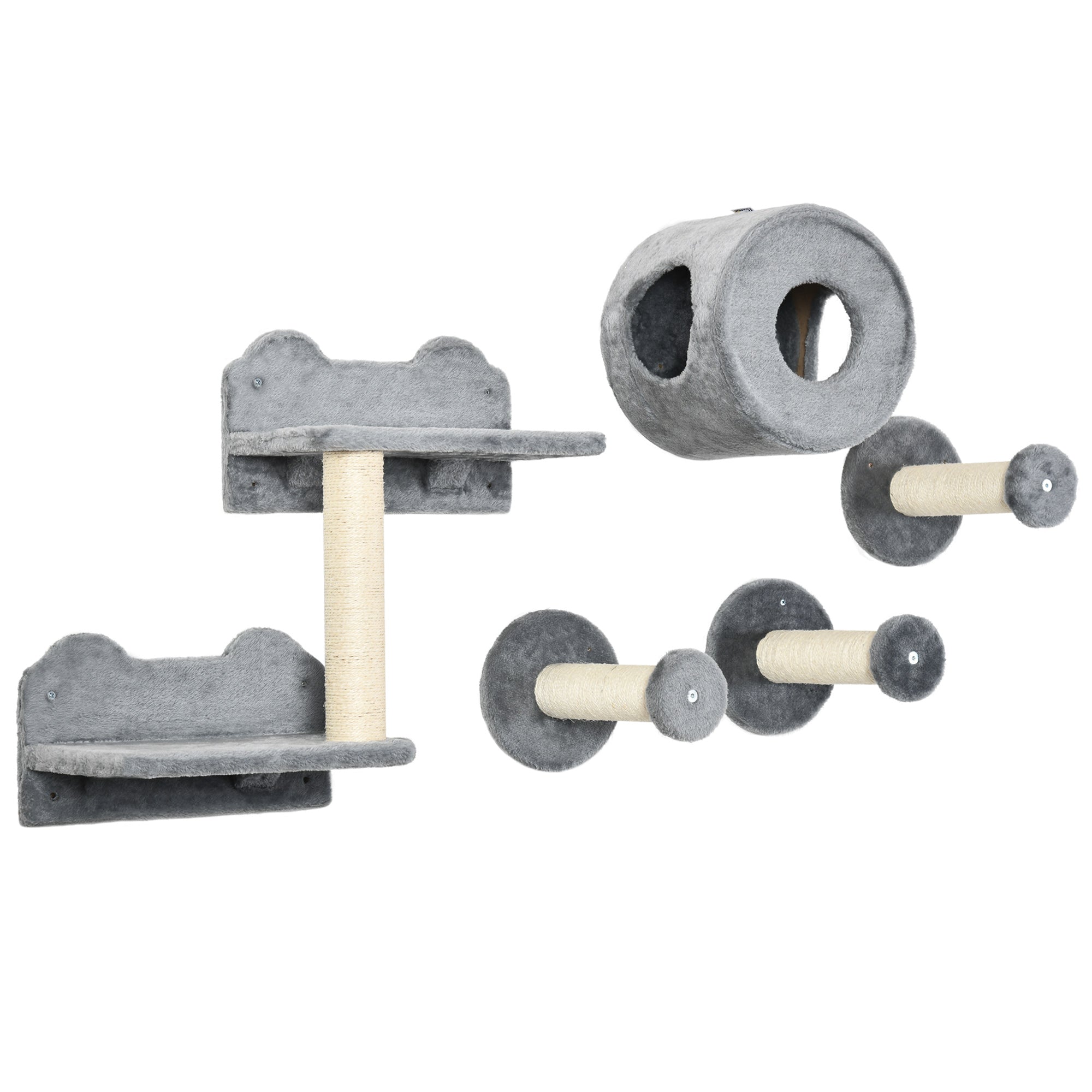 PawHut Cat Wall Shelves, 5PCs Cat Shelves with Scratching Post, Perches, Ladder, Steps, Condo, Wall Mounted Cat Climber, Grey