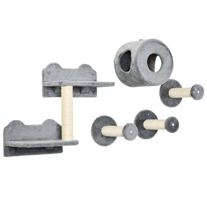 PawHut Cat Wall Shelves, 5PCs Cat Shelves with Scratching Post, Perches, Ladder, Steps, Condo, Wall Mounted Cat Climber, Grey