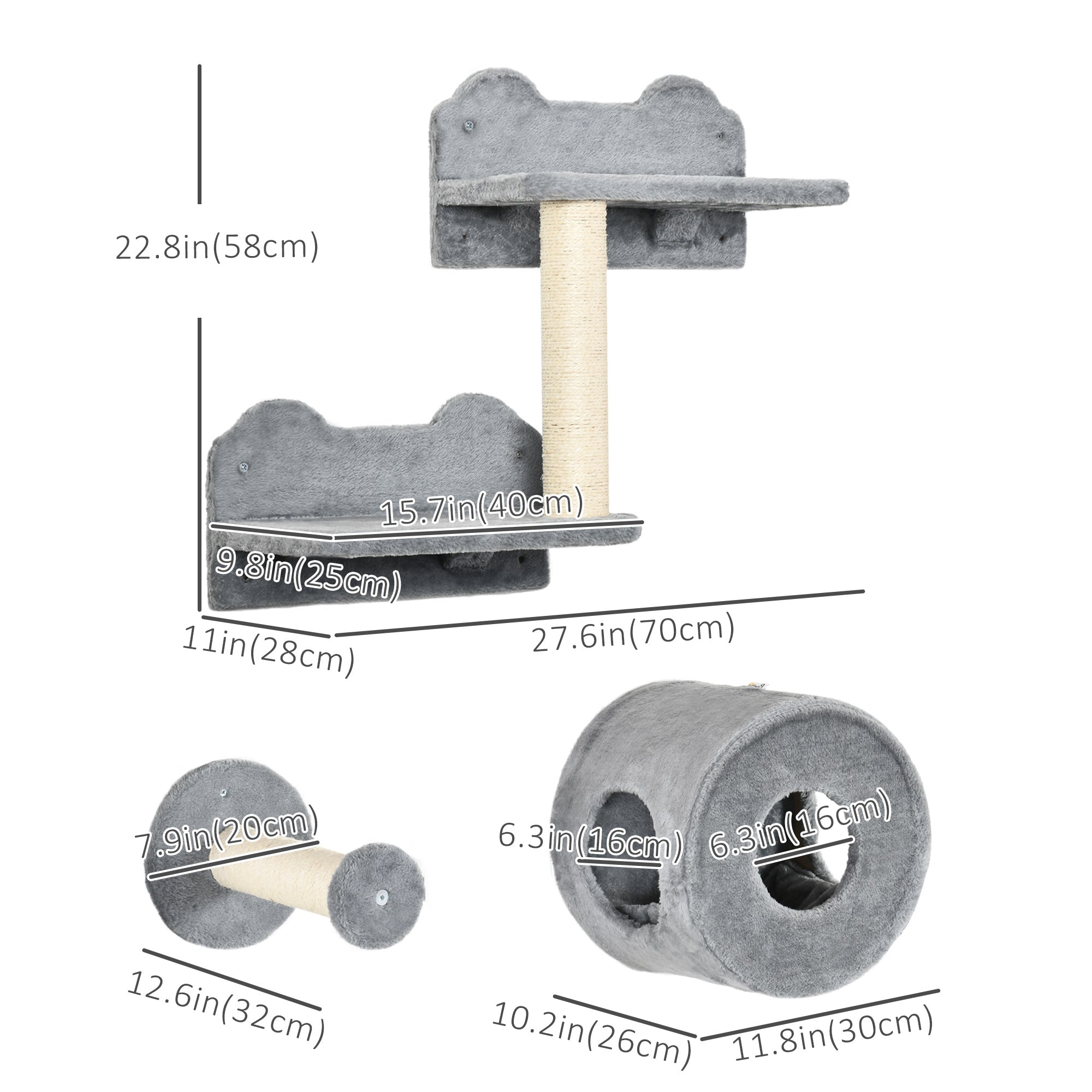PawHut Cat Wall Shelves, 5PCs Cat Shelves with Scratching Post, Perches, Ladder, Steps, Condo, Wall Mounted Cat Climber, Grey