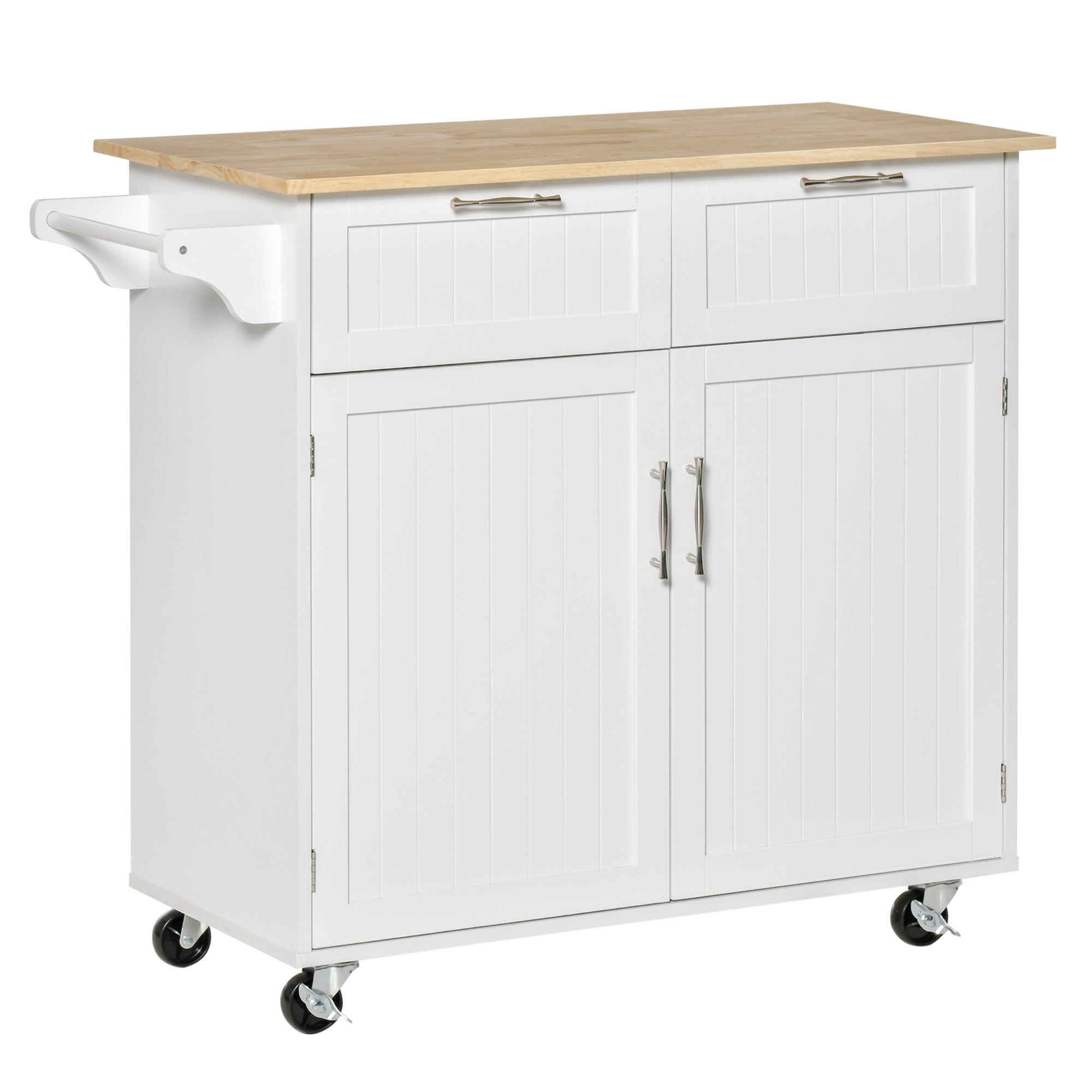 HOMCOM Rolling Kitchen Island, Kitchen Cart on Wheels with 2 Storage Drawers, 2 Door Cabinets and Towel Rack for Dining Room (White, 2-Doors)