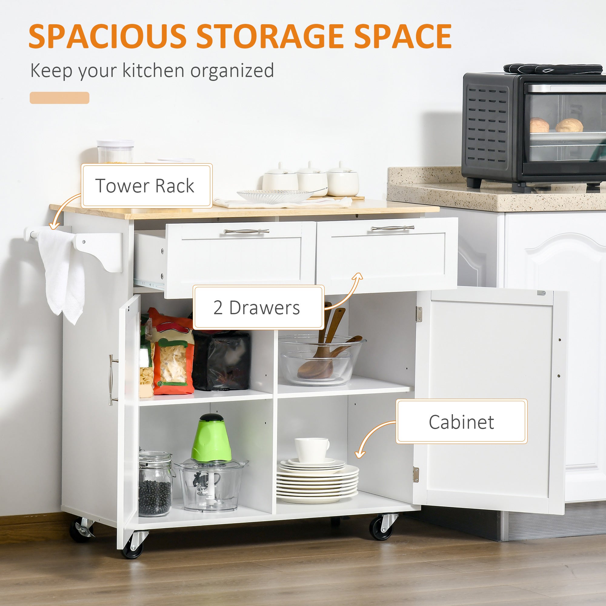 HOMCOM Rolling Kitchen Island, Kitchen Cart on Wheels with 2 Storage Drawers, 2 Door Cabinets and Towel Rack for Dining Room (White, 2-Doors)