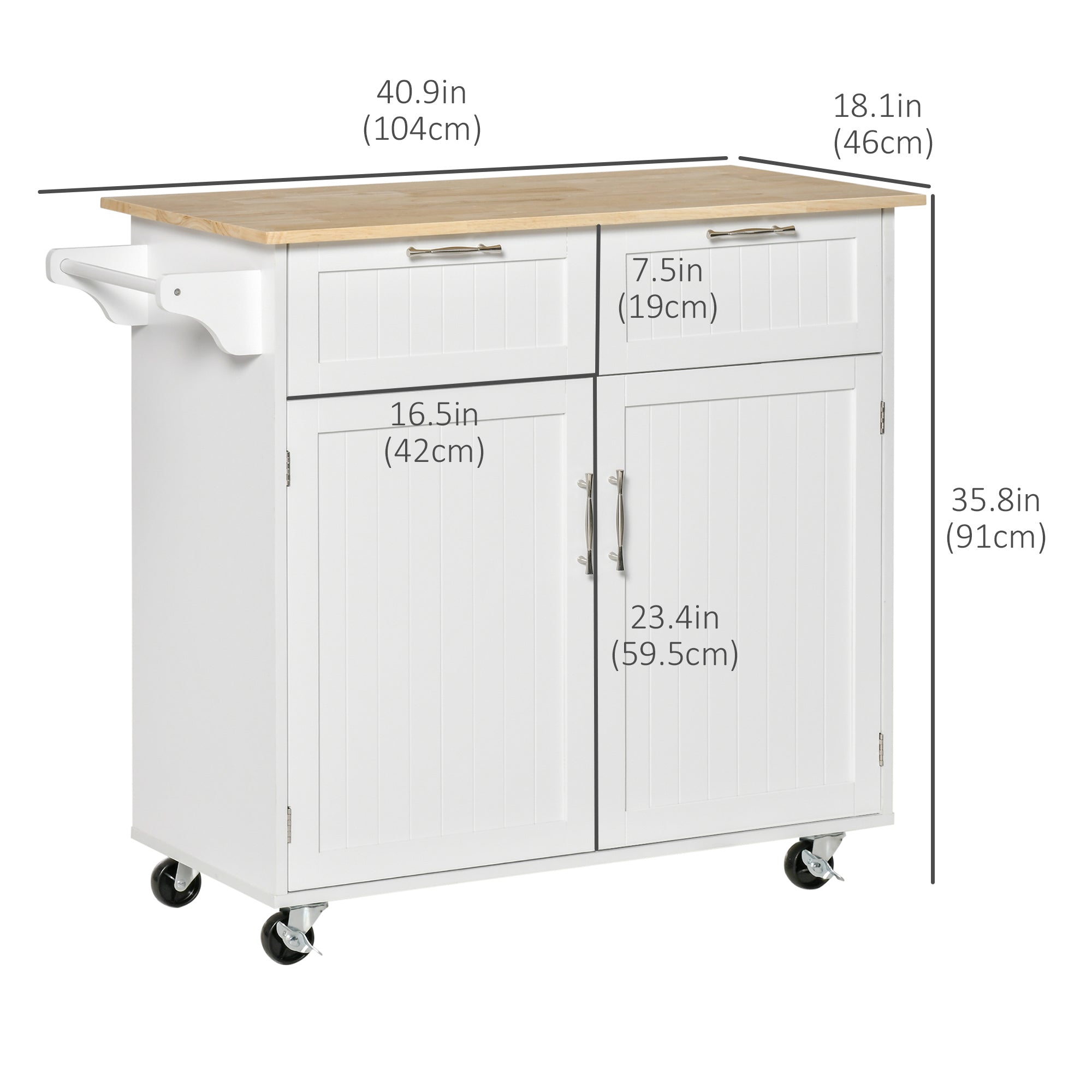 HOMCOM Rolling Kitchen Island, Kitchen Cart on Wheels with 2 Storage Drawers, 2 Door Cabinets and Towel Rack for Dining Room (White, 2-Doors)