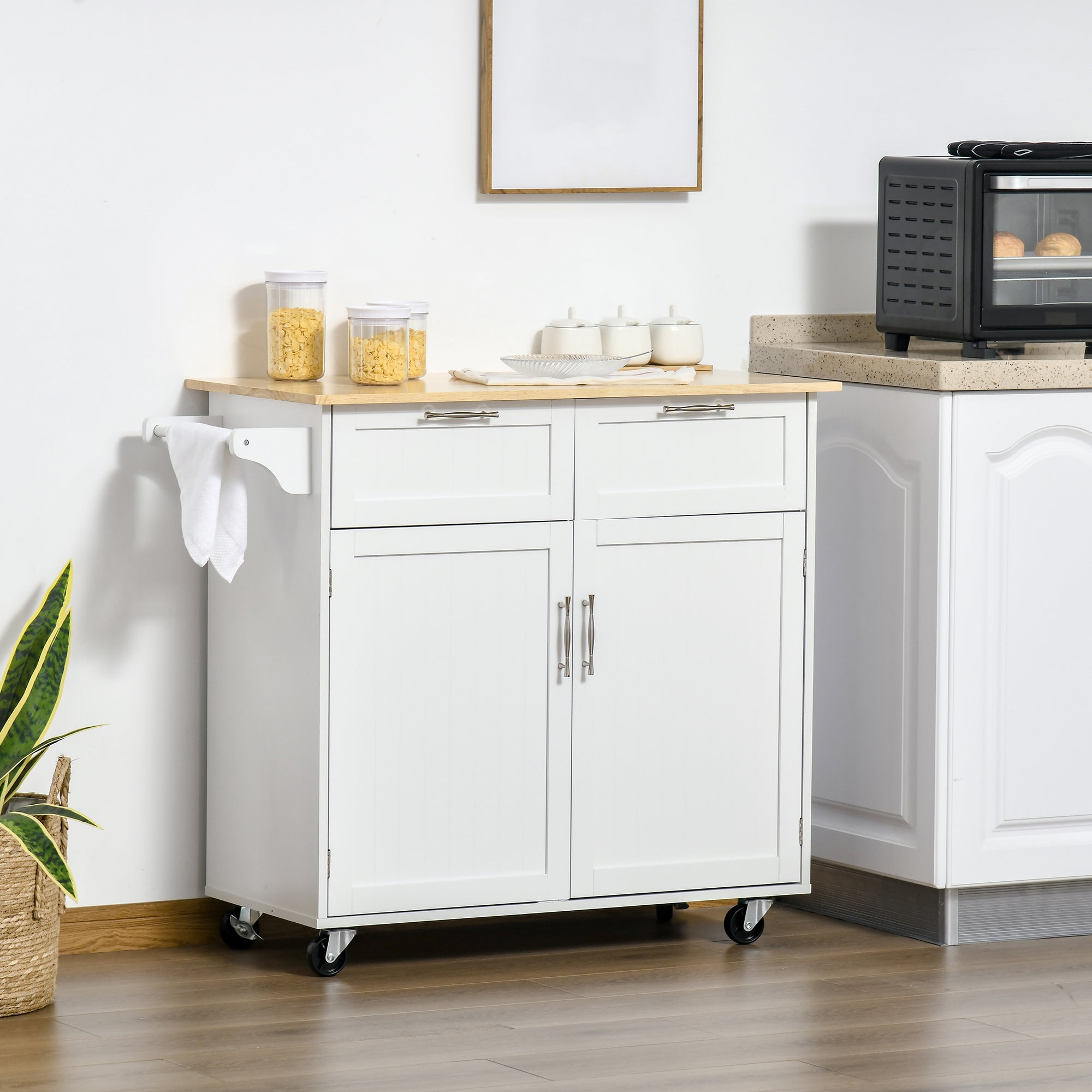 HOMCOM Rolling Kitchen Island, Kitchen Cart on Wheels with 2 Storage Drawers, 2 Door Cabinets and Towel Rack for Dining Room (White, 2-Doors)