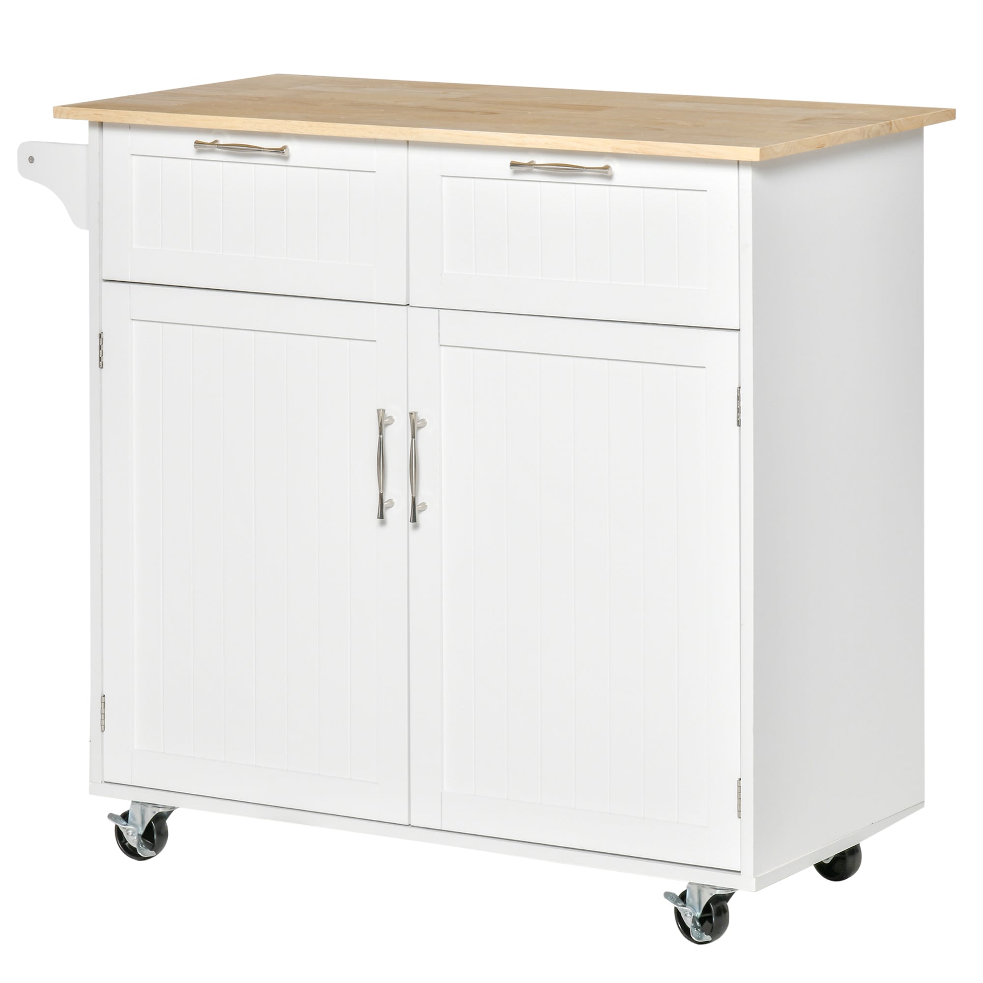 HOMCOM Rolling Kitchen Island, Kitchen Cart on Wheels with 2 Storage Drawers, 2 Door Cabinets and Towel Rack for Dining Room (White, 2-Doors)