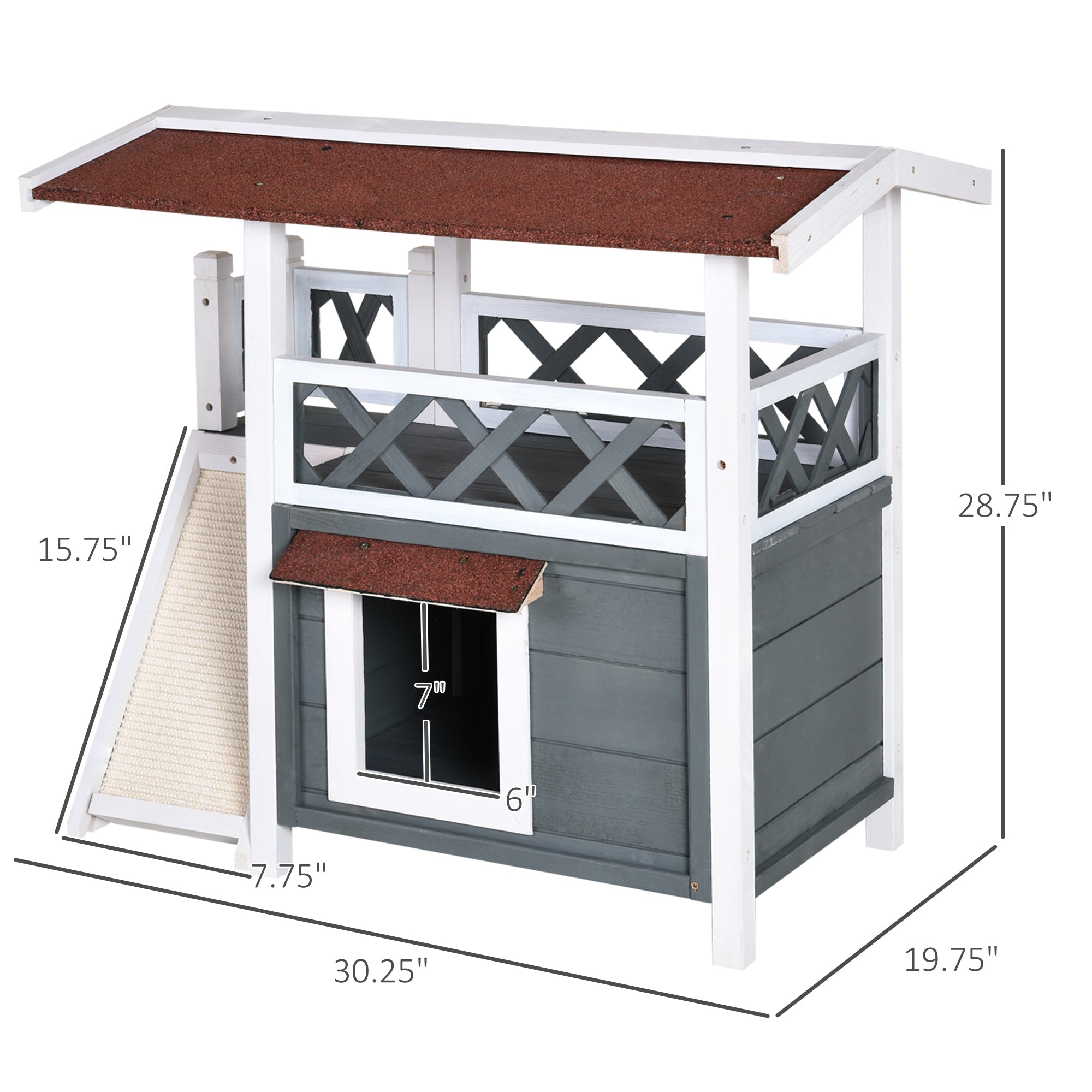 PawHut Wooden Cat House Outdoor with Sisal Ramp, 2-Story Feral Cat Shelter with Balcony, Asphalt Roof, Spacious Condo, Gray