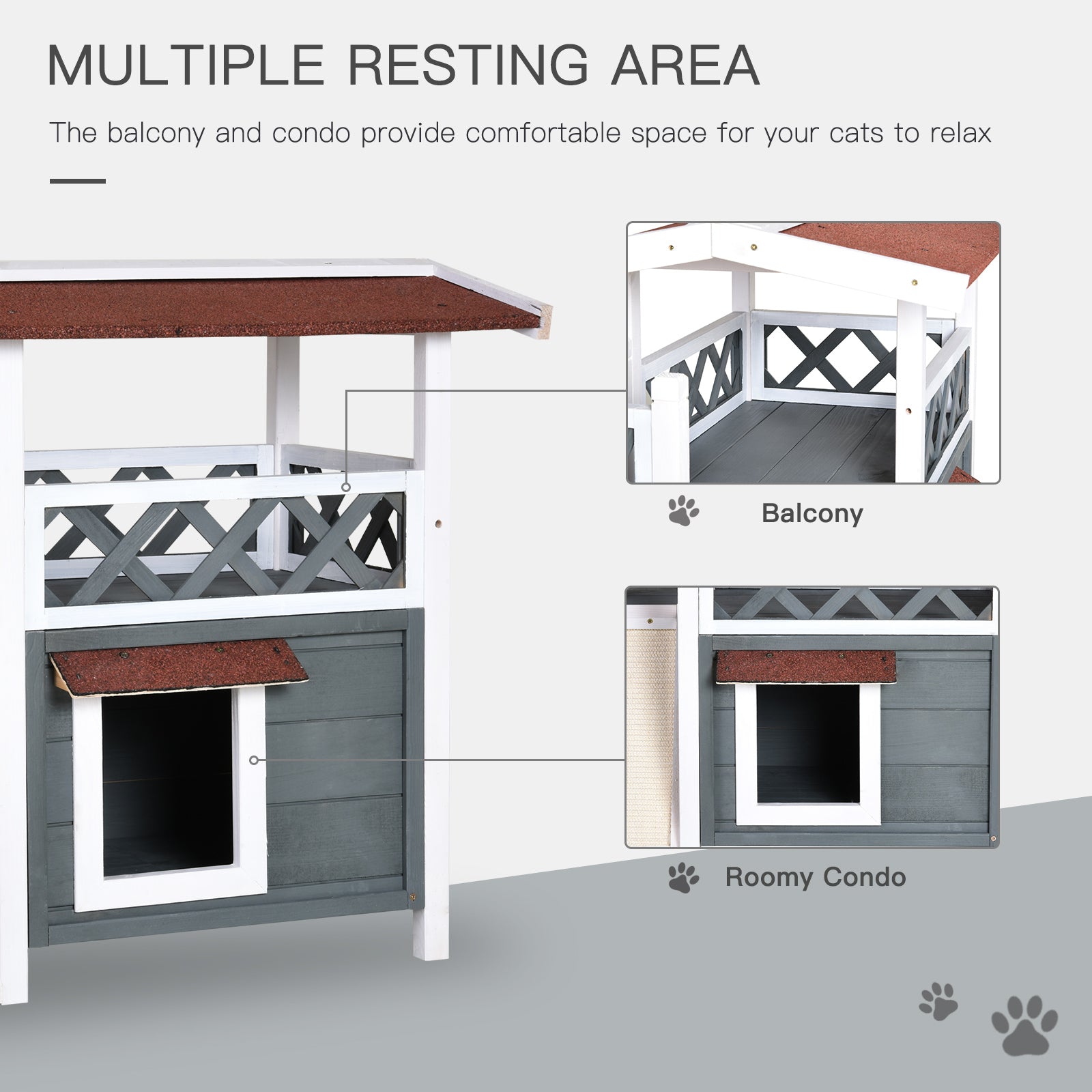PawHut Wooden Cat House Outdoor with Sisal Ramp, 2-Story Feral Cat Shelter with Balcony, Asphalt Roof, Spacious Condo, Gray