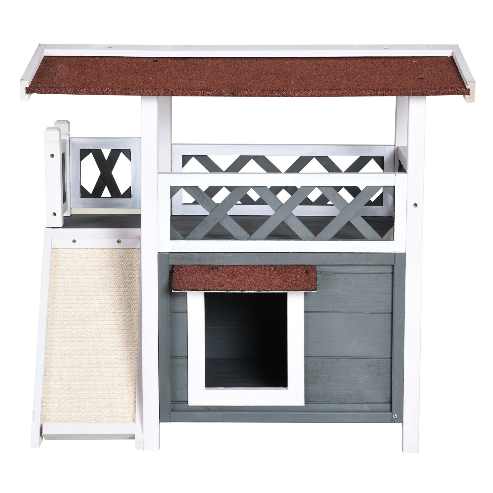 PawHut Wooden Cat House Outdoor with Sisal Ramp, 2-Story Feral Cat Shelter with Balcony, Asphalt Roof, Spacious Condo, Gray