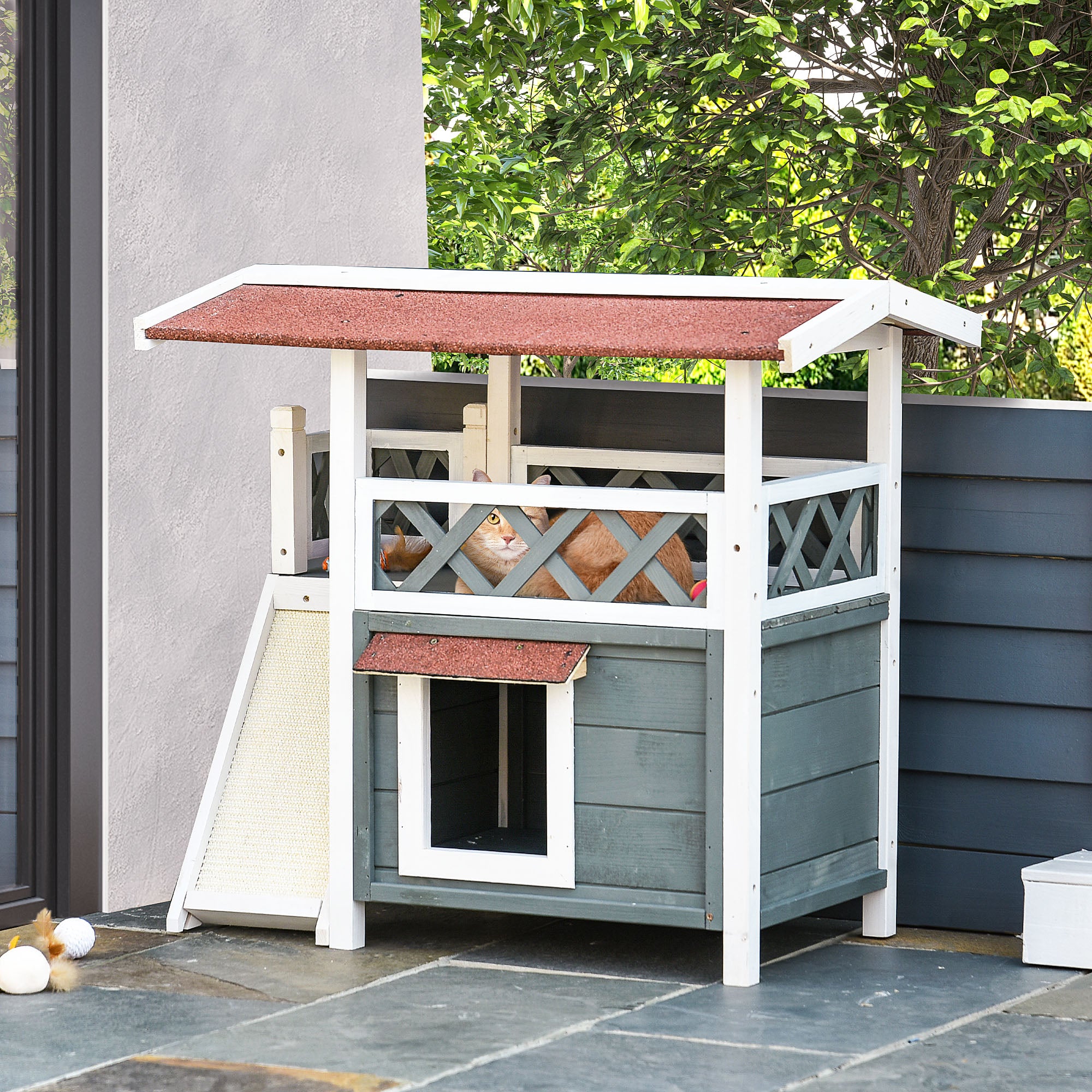PawHut Wooden Cat House Outdoor with Sisal Ramp, 2-Story Feral Cat Shelter with Balcony, Asphalt Roof, Spacious Condo, Gray