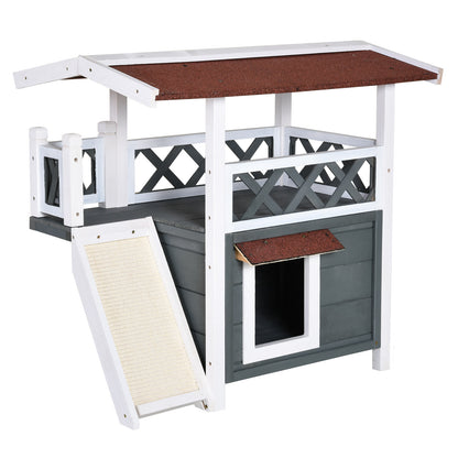 PawHut Wooden Cat House Outdoor with Sisal Ramp, 2-Story Feral Cat Shelter with Balcony, Asphalt Roof, Spacious Condo, Gray