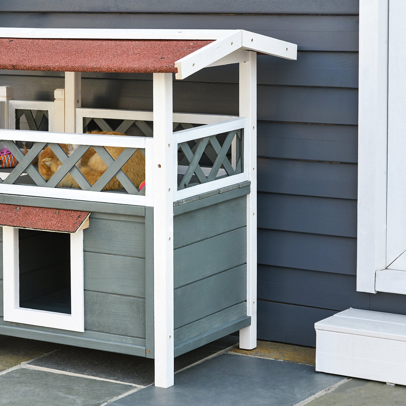 PawHut Wooden Cat House Outdoor with Sisal Ramp, 2-Story Feral Cat Shelter with Balcony, Asphalt Roof, Spacious Condo, Gray