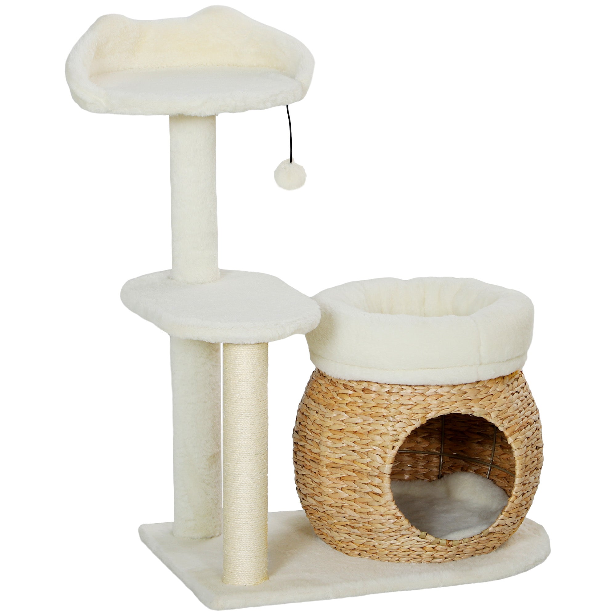 PawHut 31" Cat Tree, Cat Tower with Sisal Scratching Posts, Cat Condo, Cat Beds, Platform, Toy Ball, Cat Activity Center for Indoor Cats, Cream White