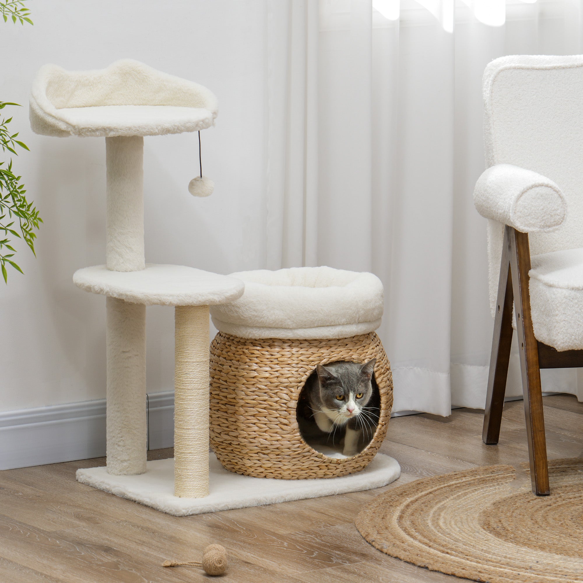 PawHut 31" Cat Tree, Cat Tower with Sisal Scratching Posts, Cat Condo, Cat Beds, Platform, Toy Ball, Cat Activity Center for Indoor Cats, Cream White