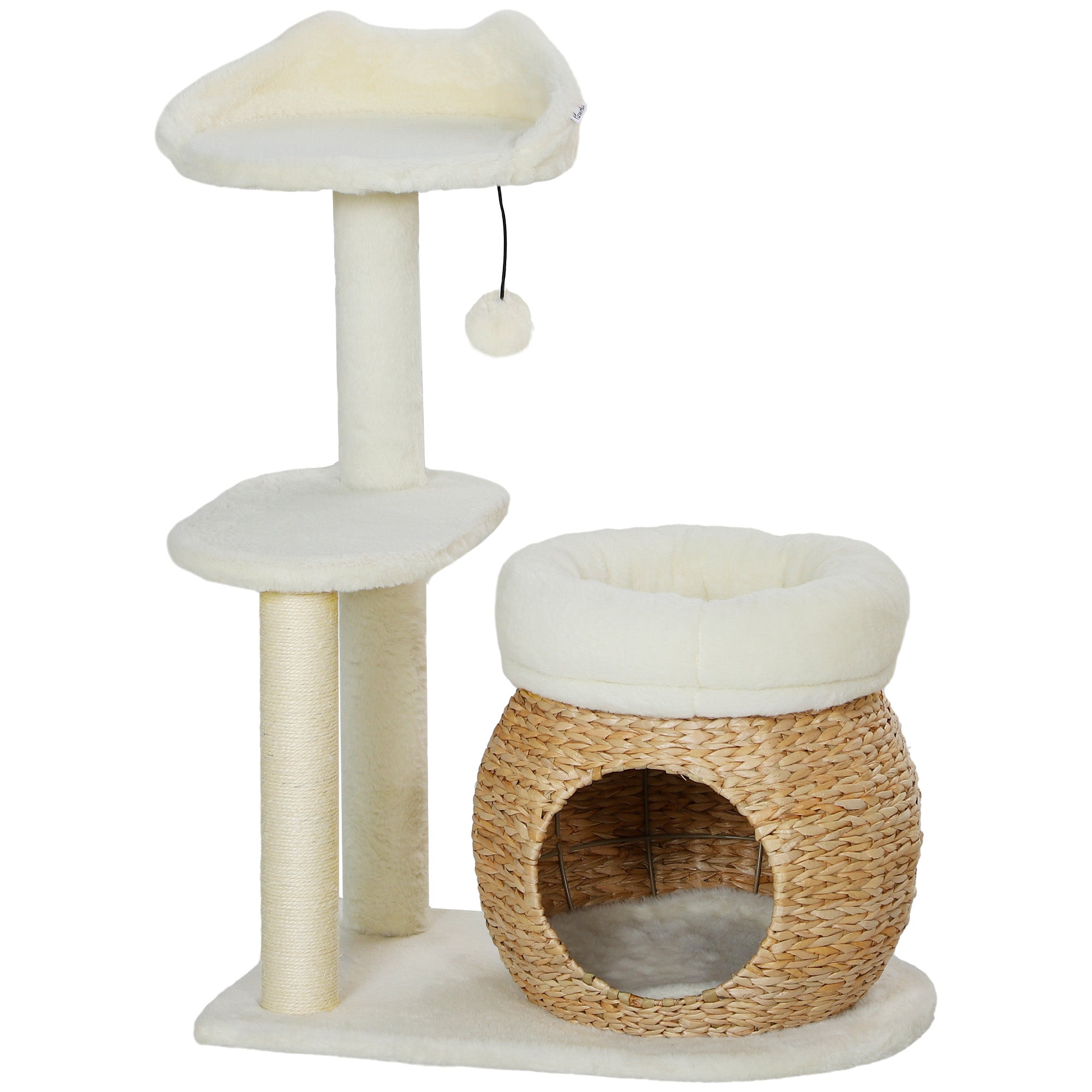 PawHut 31" Cat Tree, Cat Tower with Sisal Scratching Posts, Cat Condo, Cat Beds, Platform, Toy Ball, Cat Activity Center for Indoor Cats, Cream White