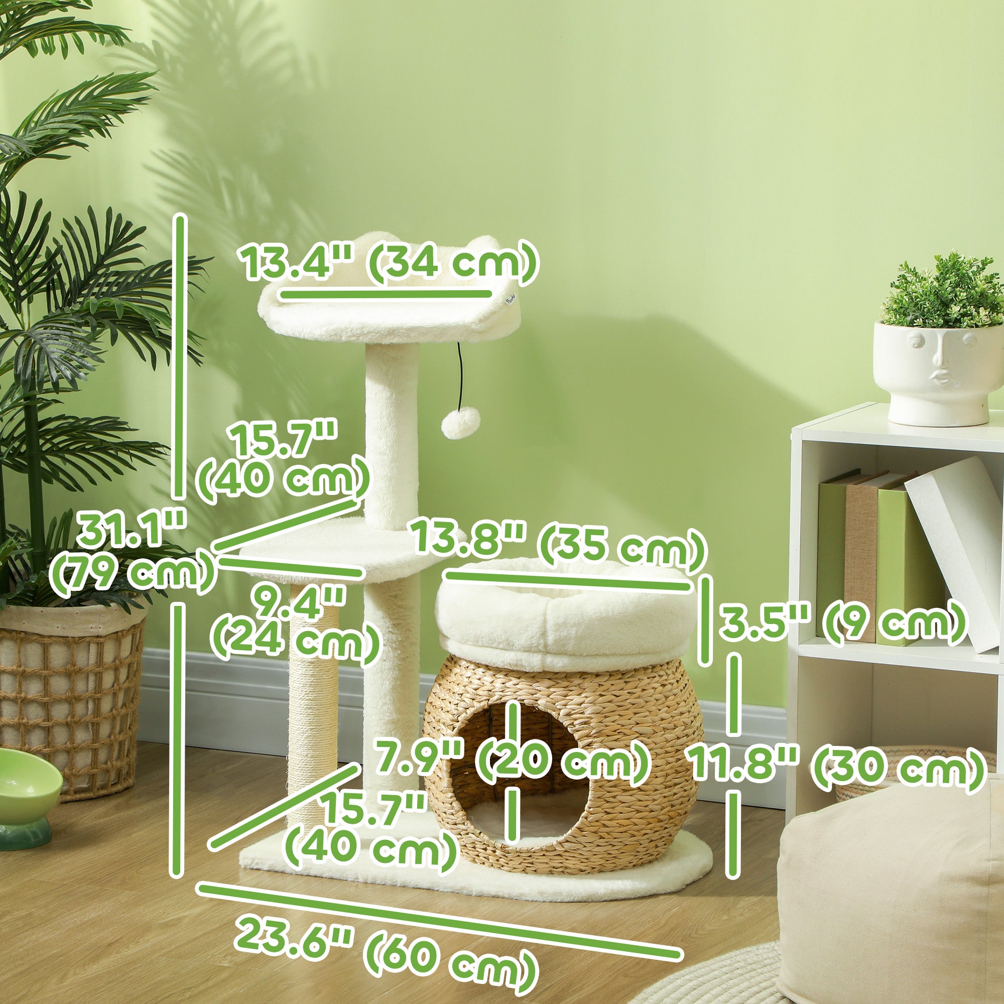 PawHut 31" Cat Tree, Cat Tower with Sisal Scratching Posts, Cat Condo, Cat Beds, Platform, Toy Ball, Cat Activity Center for Indoor Cats, Cream White