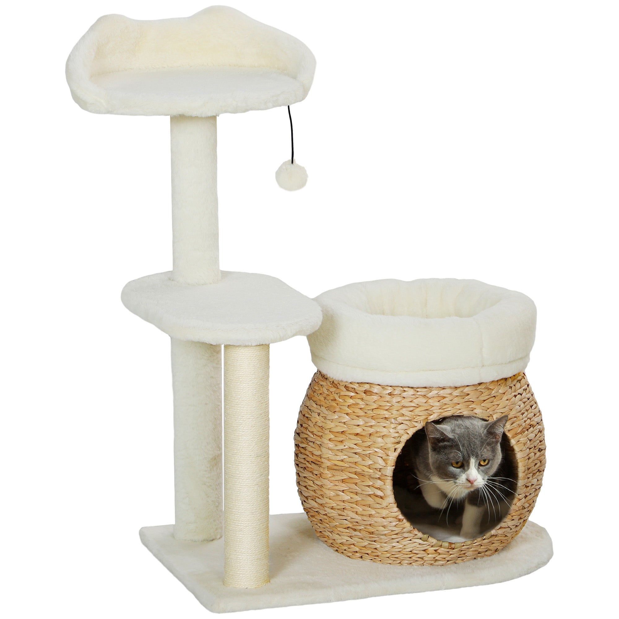 PawHut 31" Cat Tree, Cat Tower with Sisal Scratching Posts, Cat Condo, Cat Beds, Platform, Toy Ball, Cat Activity Center for Indoor Cats, Cream White