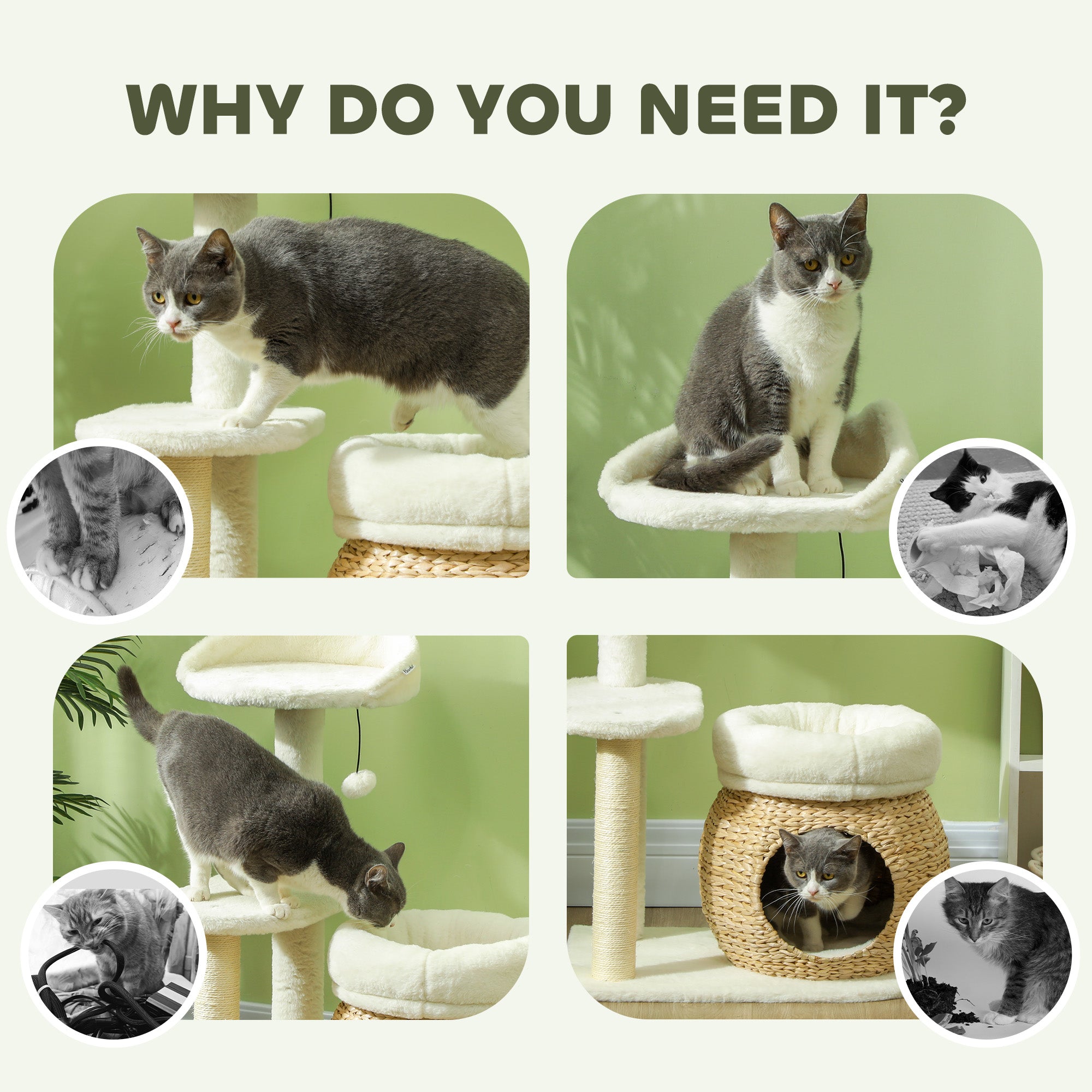 PawHut 31" Cat Tree, Cat Tower with Sisal Scratching Posts, Cat Condo, Cat Beds, Platform, Toy Ball, Cat Activity Center for Indoor Cats, Cream White