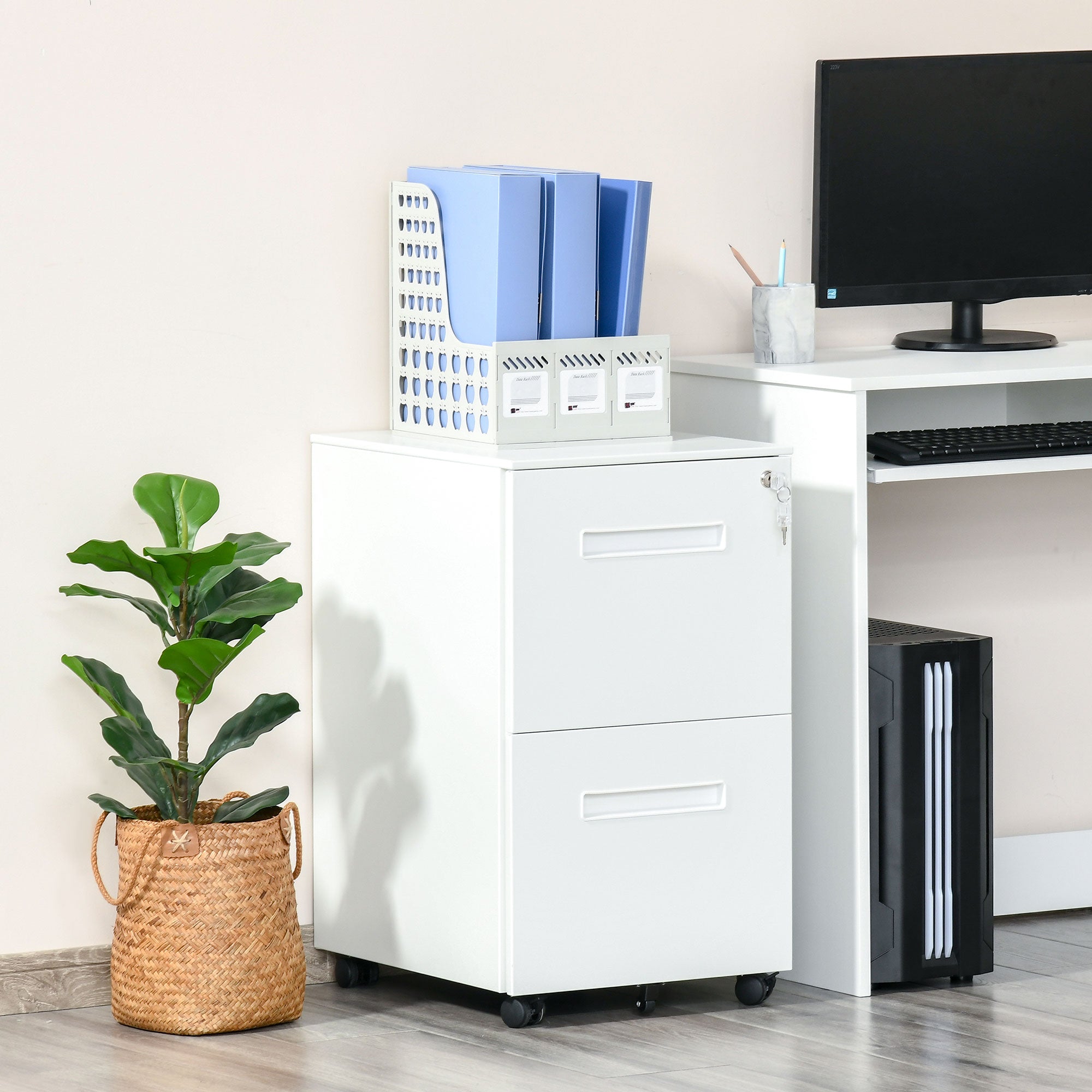 Vinsetto Mobile Steel File Cabinet, 2-Drawer Filing Cabinet, Vertical Lockable Home Office Organizer with Adjustable Partition for A4 Letter Size, White